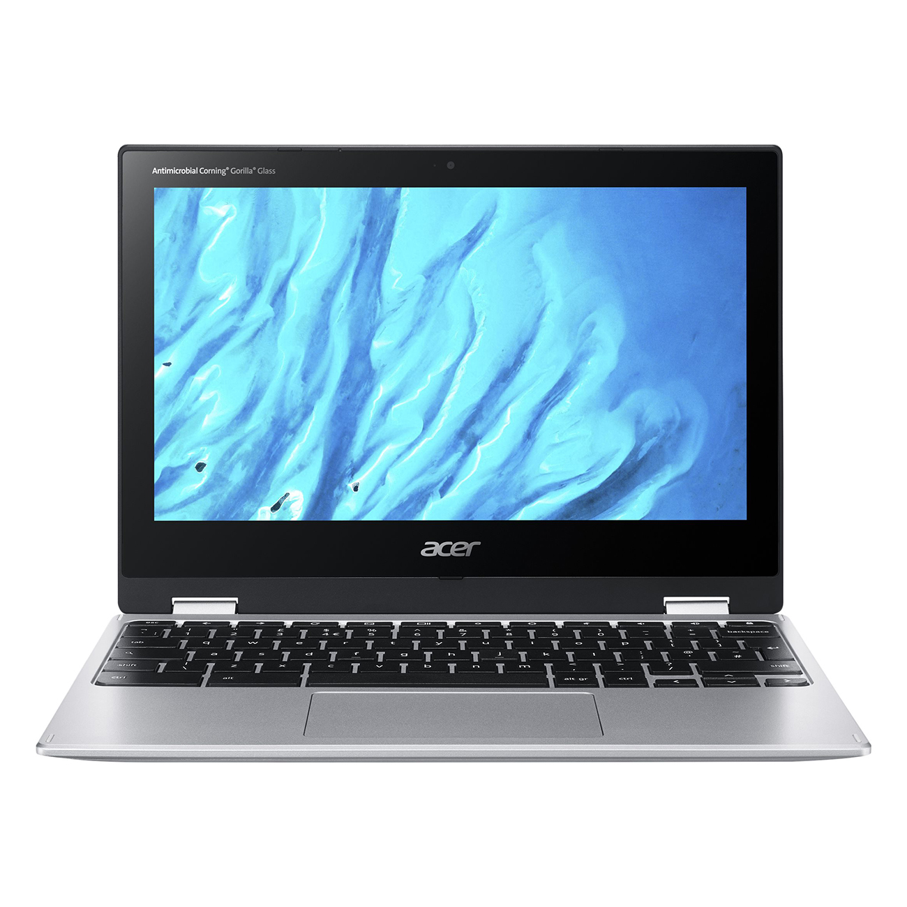 Silberner Acer Laptop mit schwarzer Tastatur und Bildschirm mit blau-weißem, abstraktem Bild.