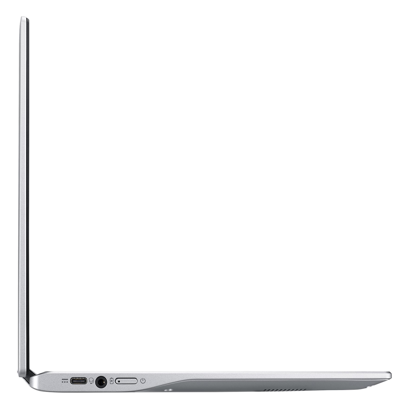 Silberner Laptop, Seitenansicht, geschlossen. Anschlüsse auf der linken Seite sichtbar.