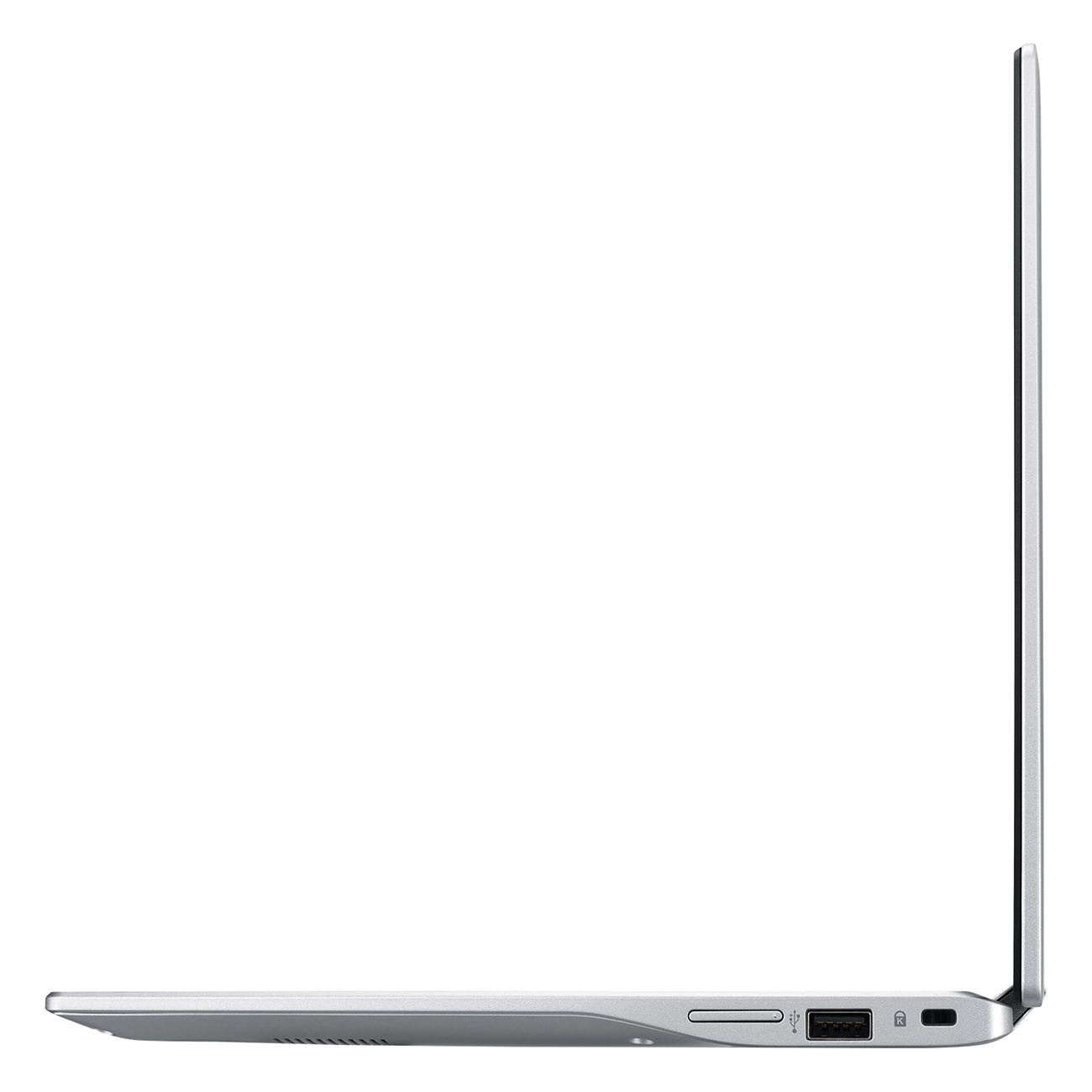Silberner Laptop von der Seite auf weißem Hintergrund. Anschluss und Scharnier sichtbar.