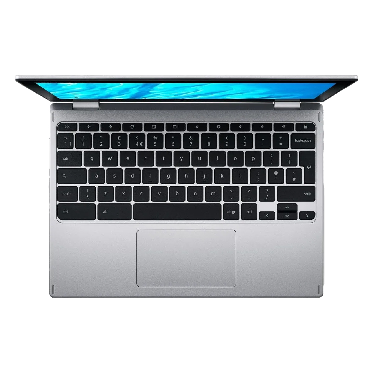 Silberner Laptop mit sichtbarer Tastatur. Der Bildschirm ist geöffnet.