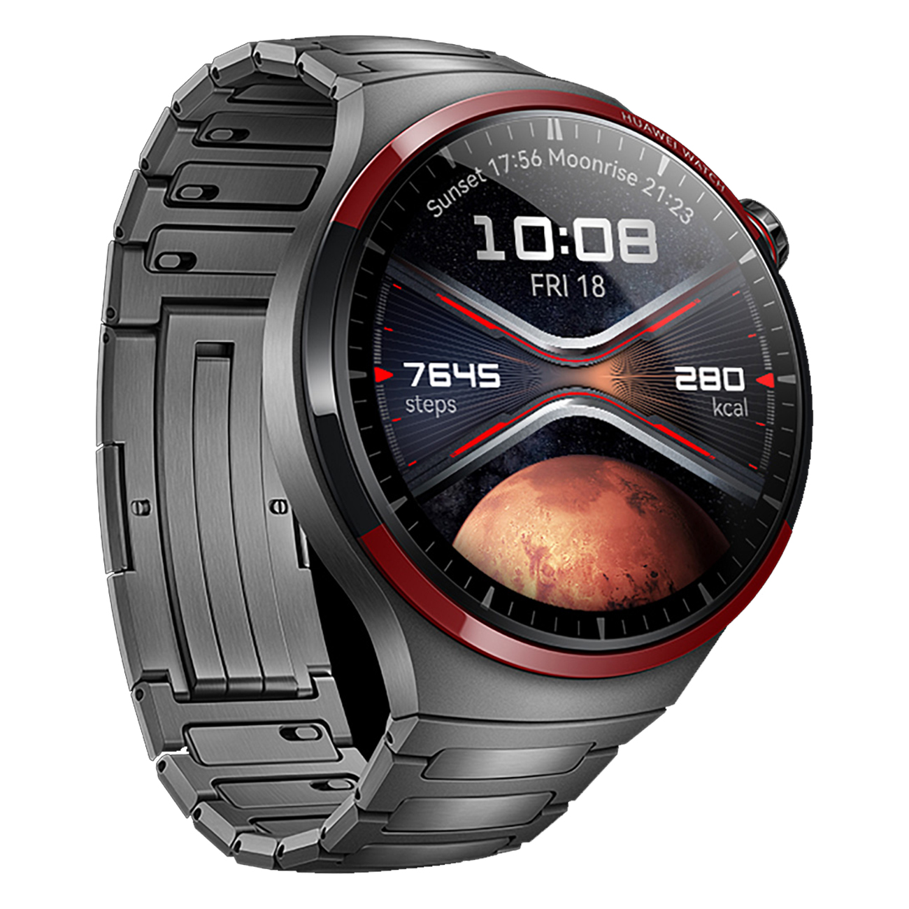 Eine schwarze und graue Smartwatch mit roter Lünette, die Zeit und Fitnessdaten anzeigt.