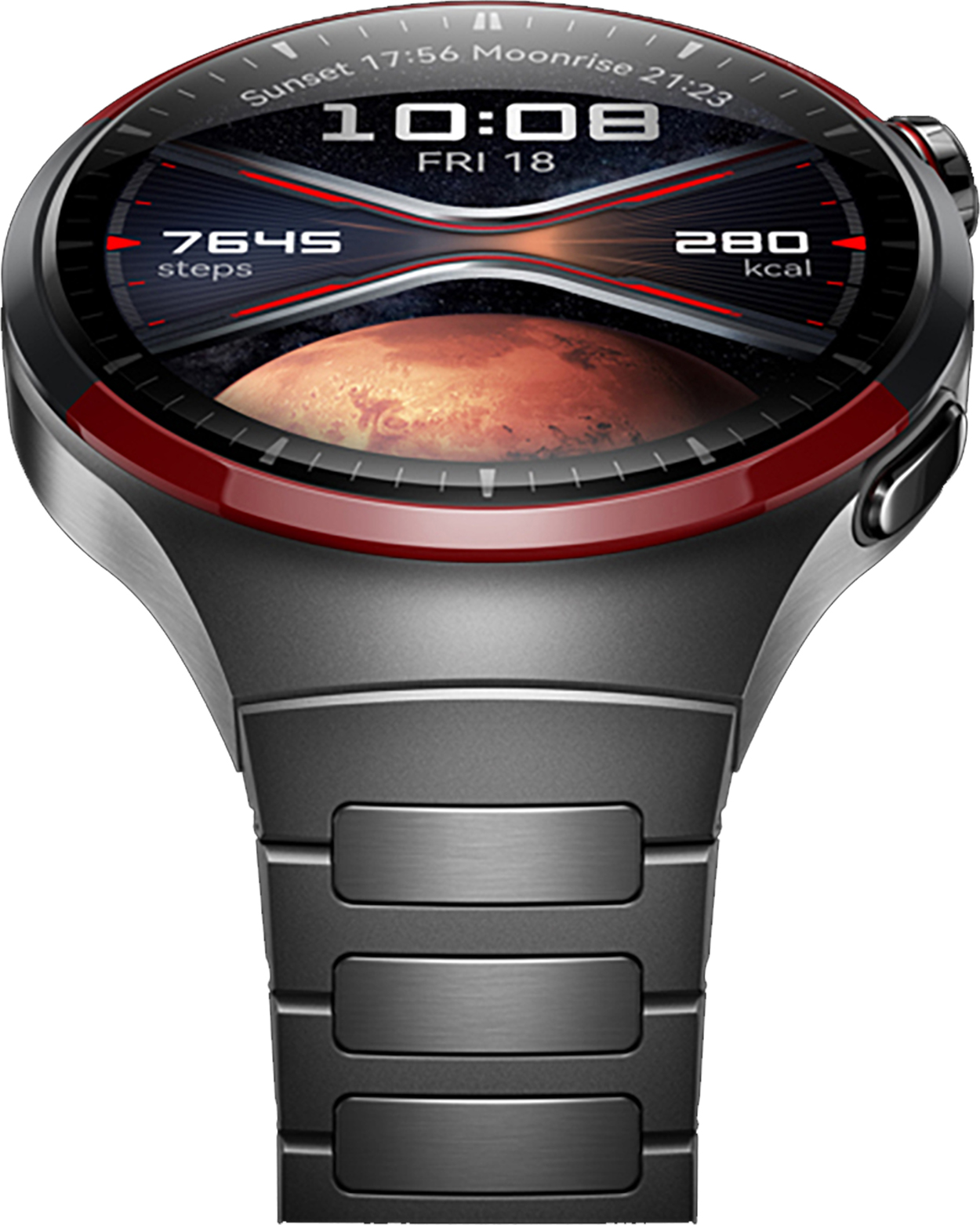 Schwarze und rote Smartwatch, die Zeit, Schritte und Kalorien anzeigt, mit roter Lünette.
