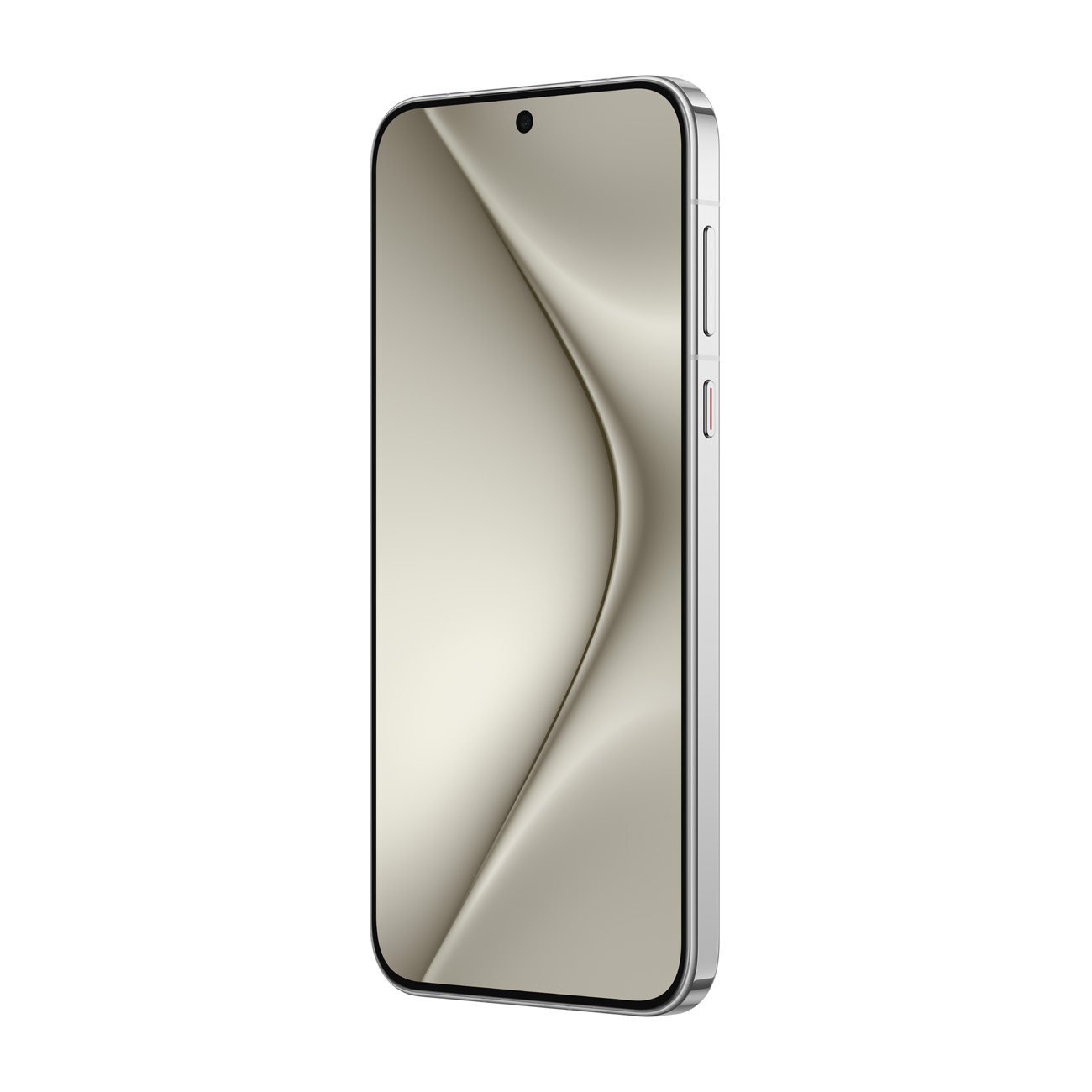 Ein silbernes Smartphone mit einem Bildschirm, der ein wellenförmiges, helles Muster anzeigt. Es wird schräg gezeigt.