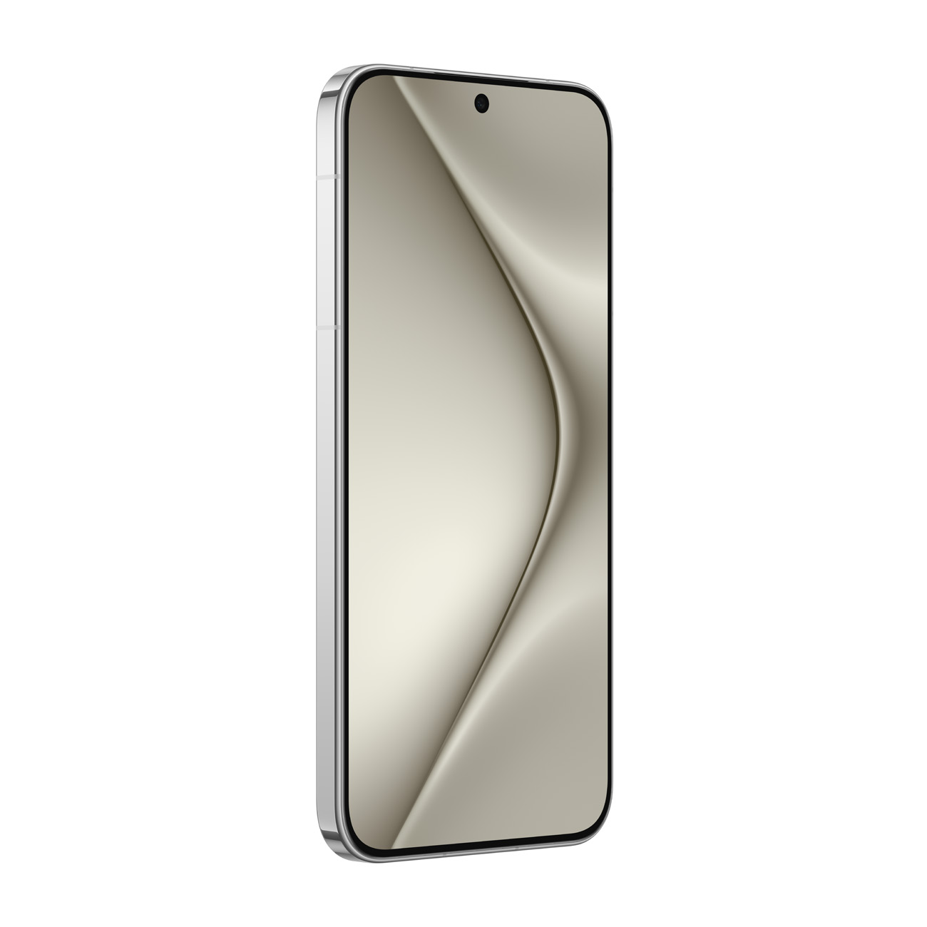 Silbernes Smartphone mit randlosem Display, das einen Lichtverlauf zeigt.
