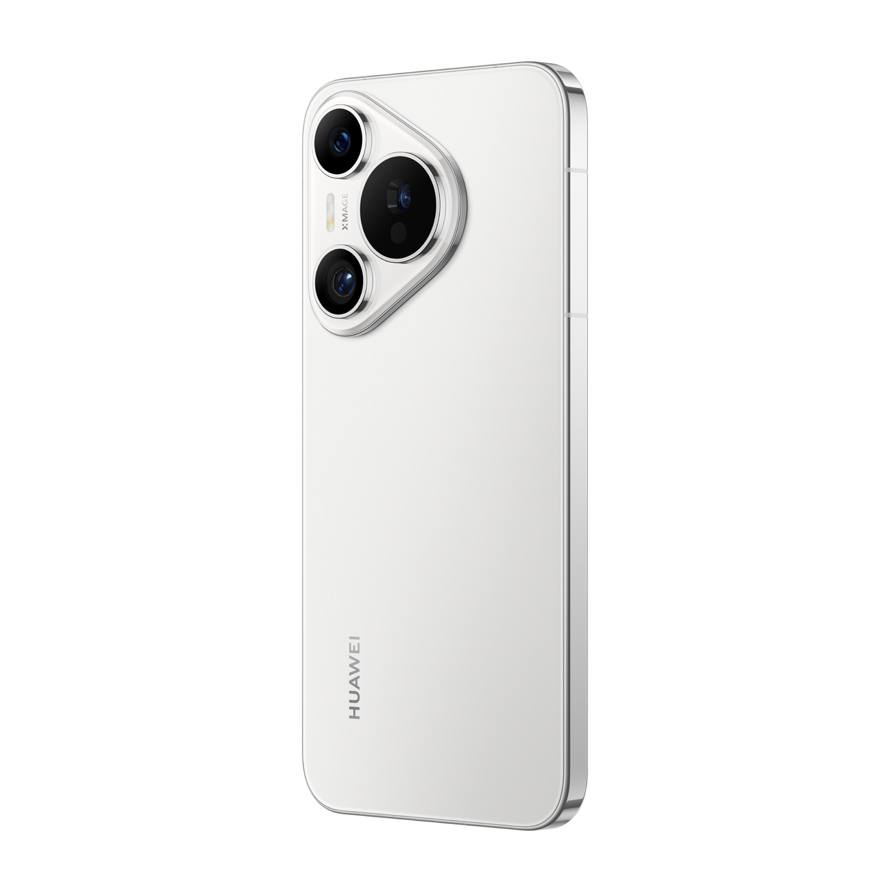 Weißes Smartphone mit drei Kameras. Die Rückseite ist weiß mit einem silbernen Rahmen und dem Huawei-Logo.