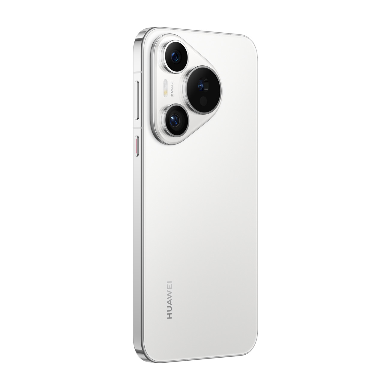 Weißes Smartphone mit Dreifachkamera, Seitentasten und silbernem Rahmen. Huawei-Logo sichtbar.