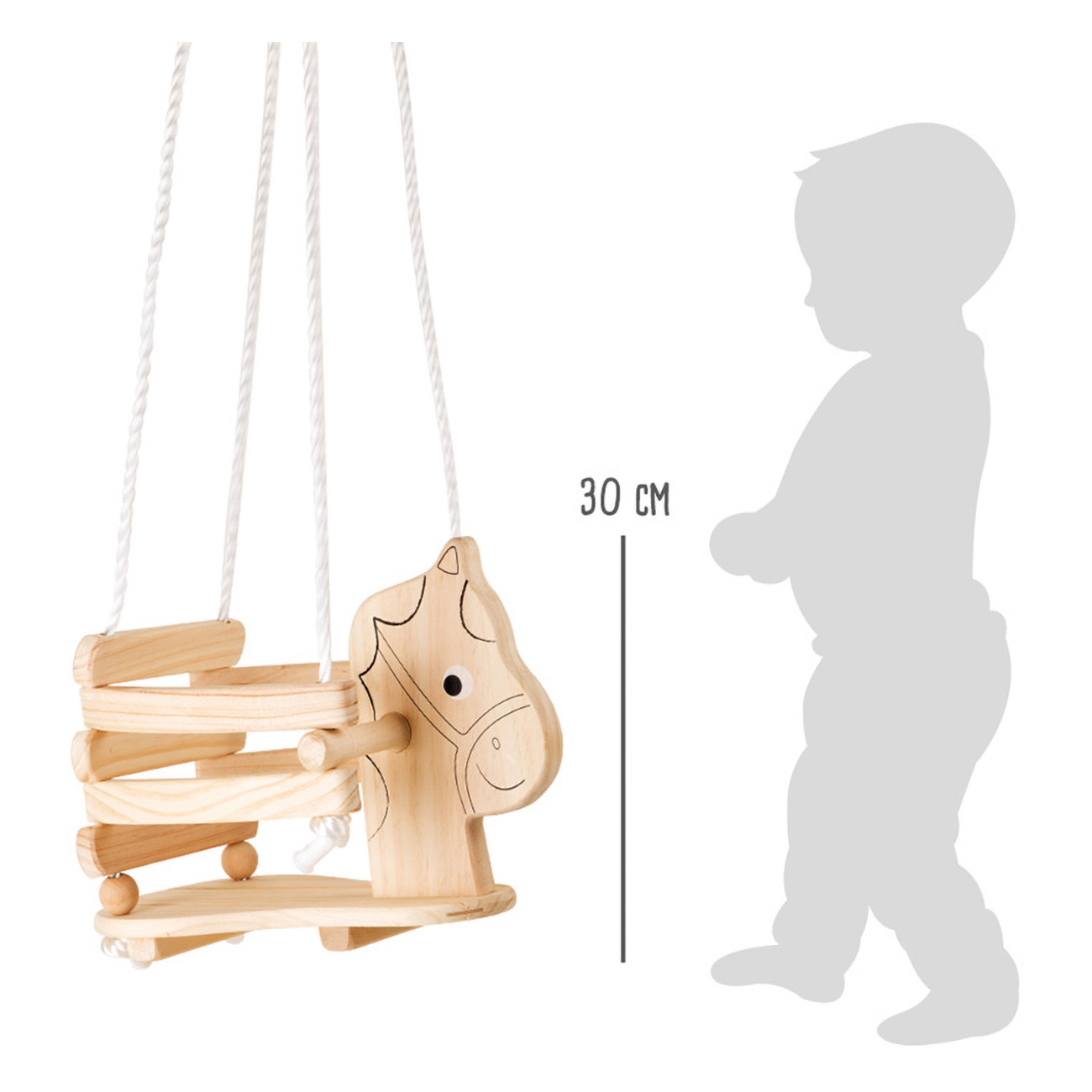Eine Holzpferdeschaukel mit einer Kindersilhouette daneben.