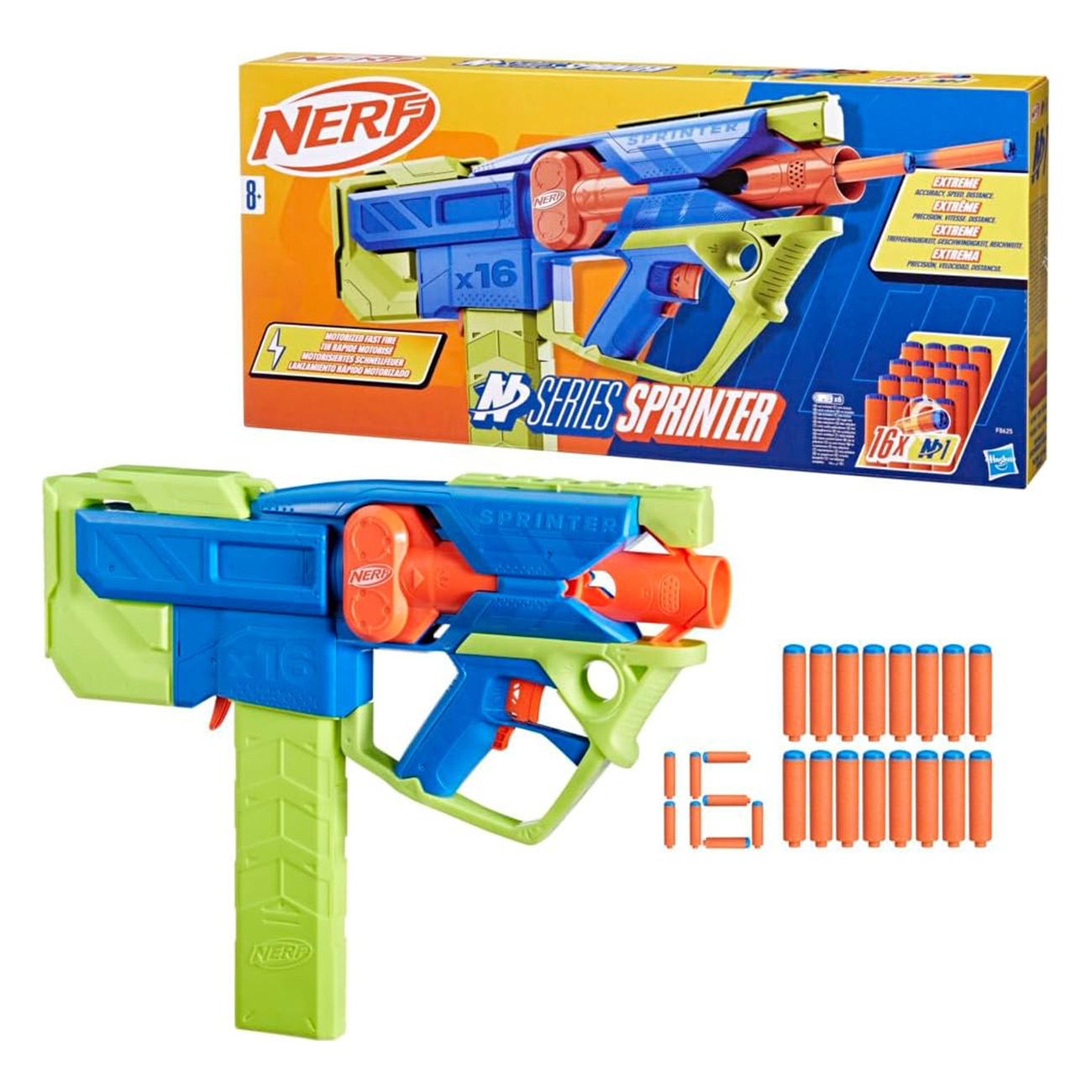 Zabawka pistolet Nerf z kulami. Niebieski i zielony pistolet zabawkowy. Pomarańczowe kule i pudełko.