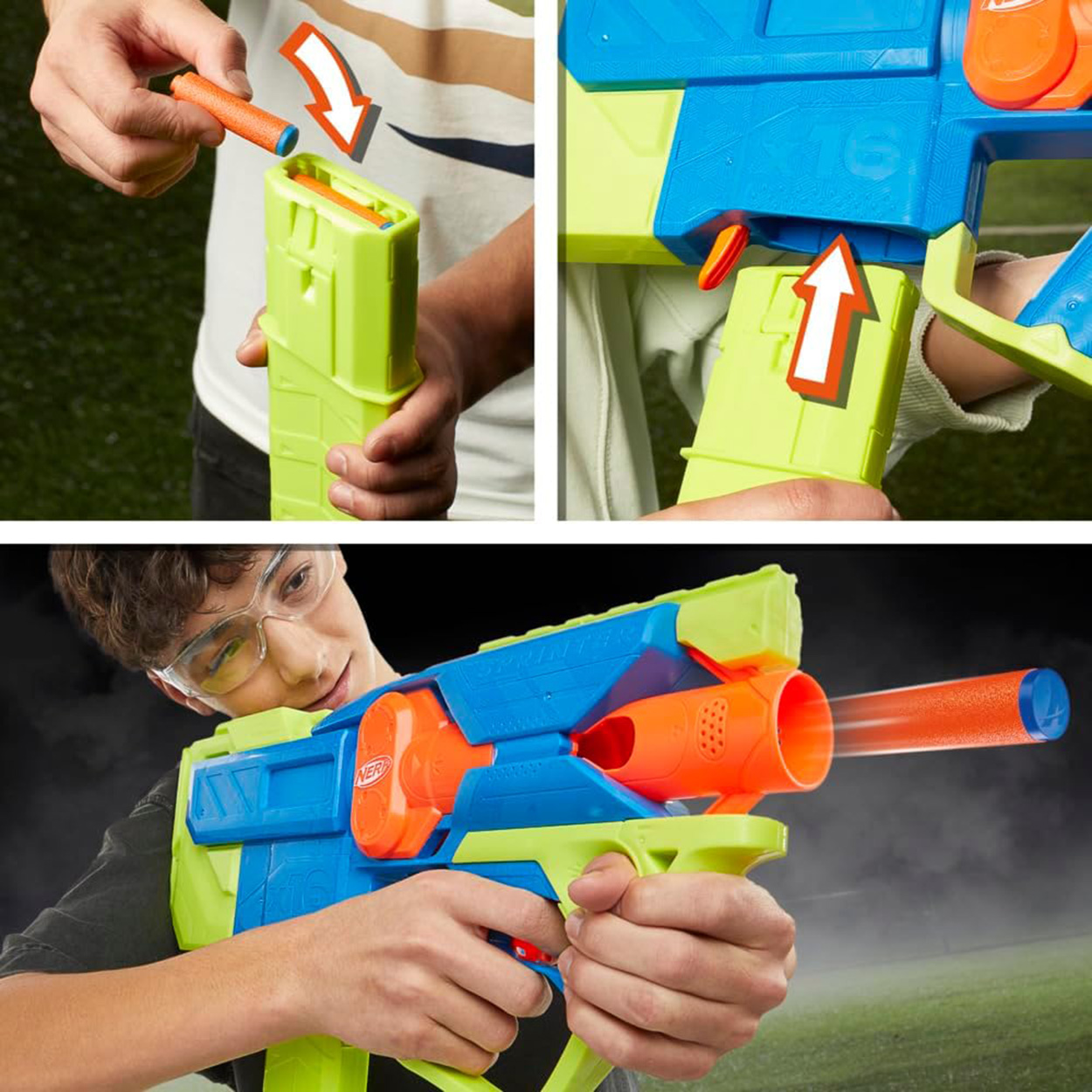 Dziecko ładuje pistolet Nerf strzałkami, a następnie strzela z zabawkowego pistoletu do kamery.