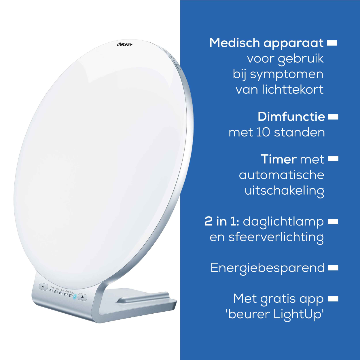 A white light therapy lamp with a silver base and a list of features on the right.