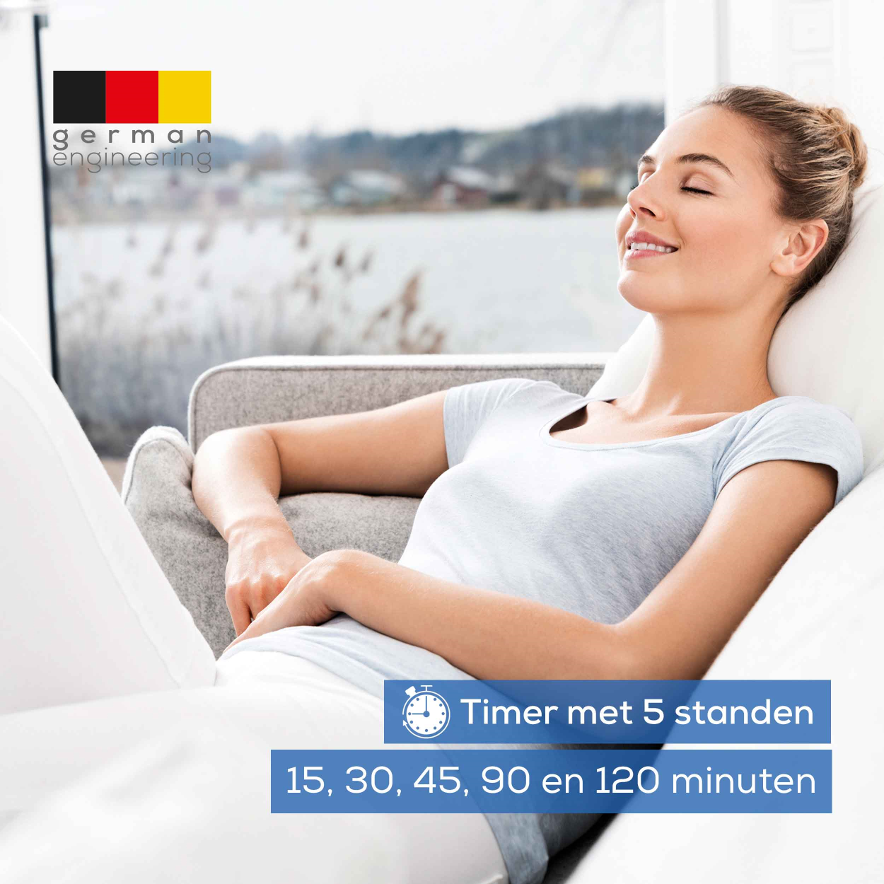 Woman relaxing on a couch, a text overlay indicates 15, 30, 45, 90, 120 minutes.