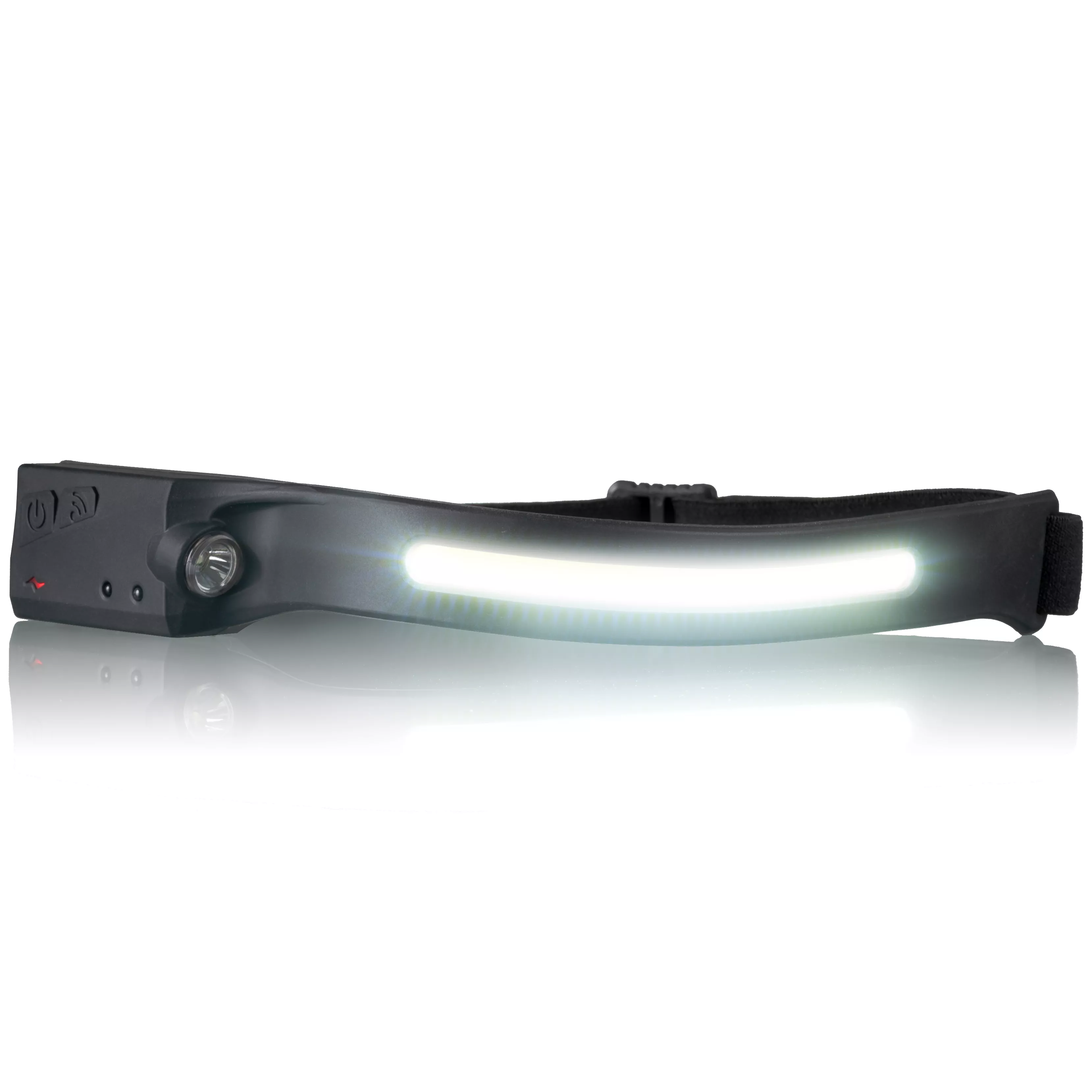 Faro nero con luce LED bianca, su sfondo bianco.