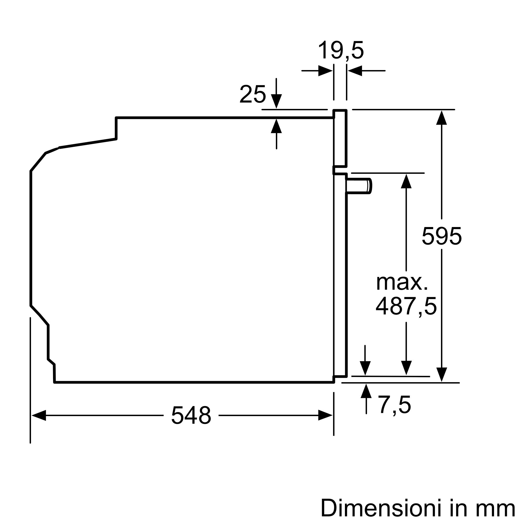 Technische tekening van een oven, met afmetingen en zijaanzicht, op een witte achtergrond.