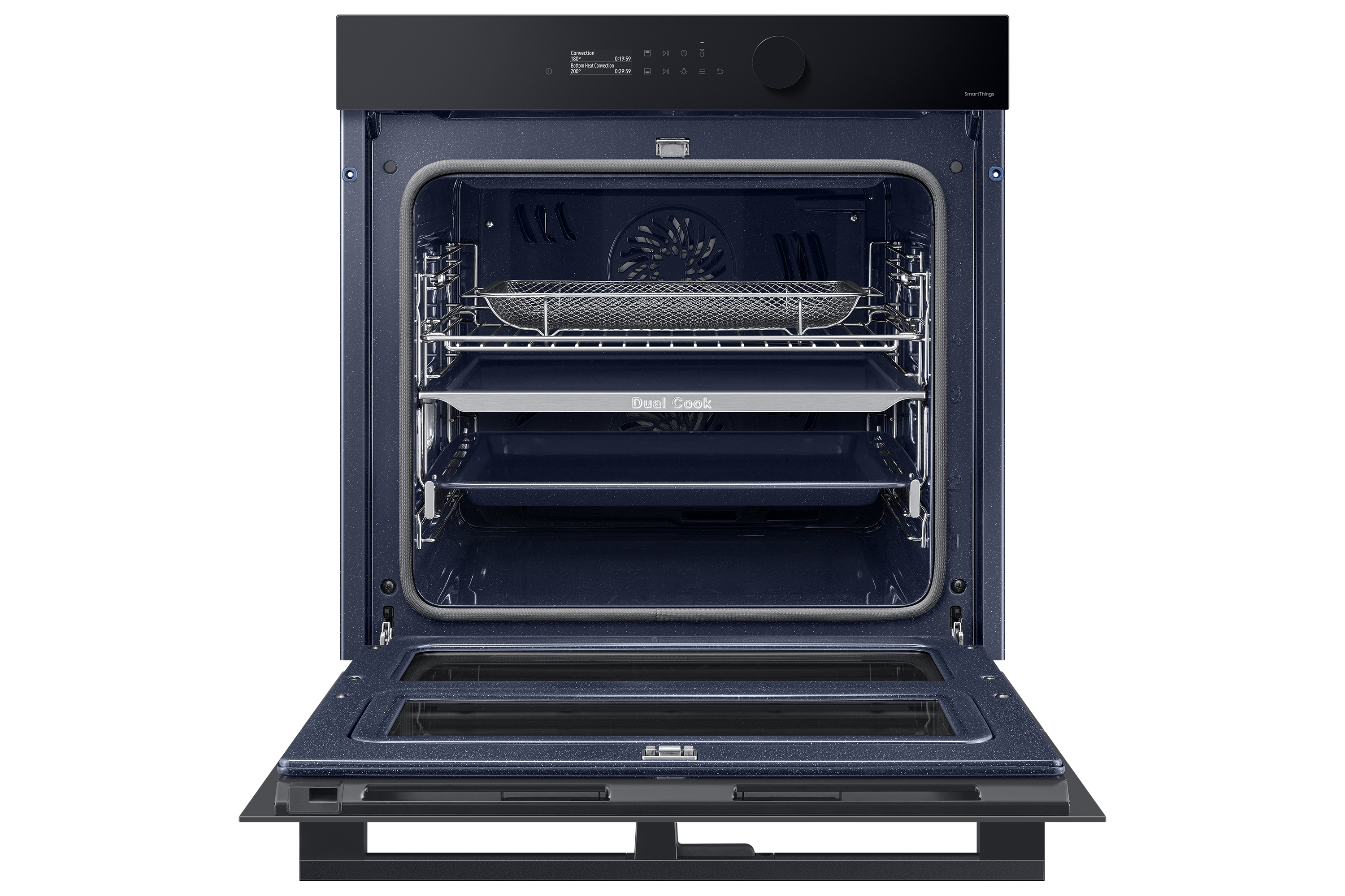Interno forno nero aperto, con ripiani e pannello comandi in alto.