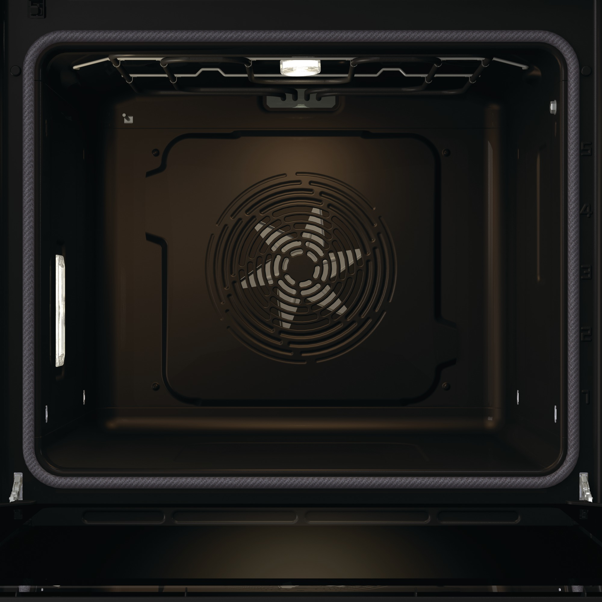 Interno di un forno nero con ventola e luce.