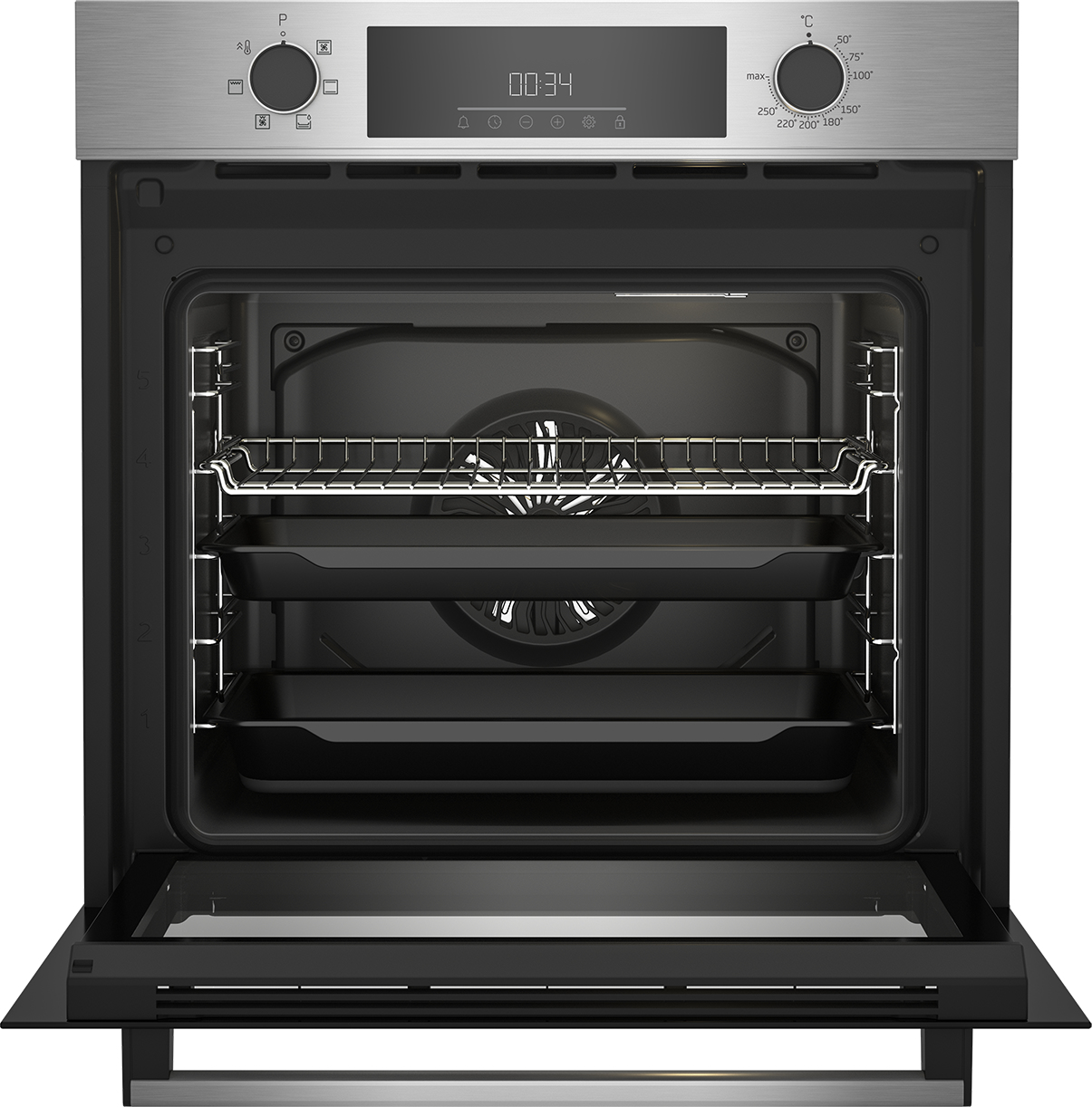 Un horno empotrado abierto, con rejillas y bandejas dentro. El panel frontal tiene controles y pantalla.