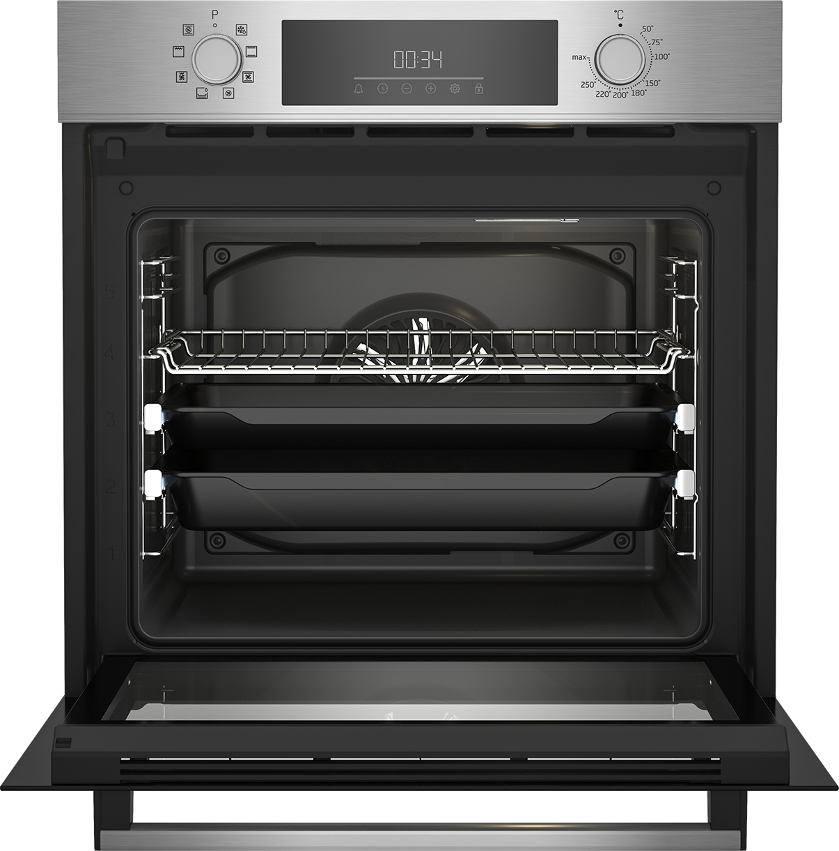 Un forno aperto con vassoi all'interno e display digitale in alto.