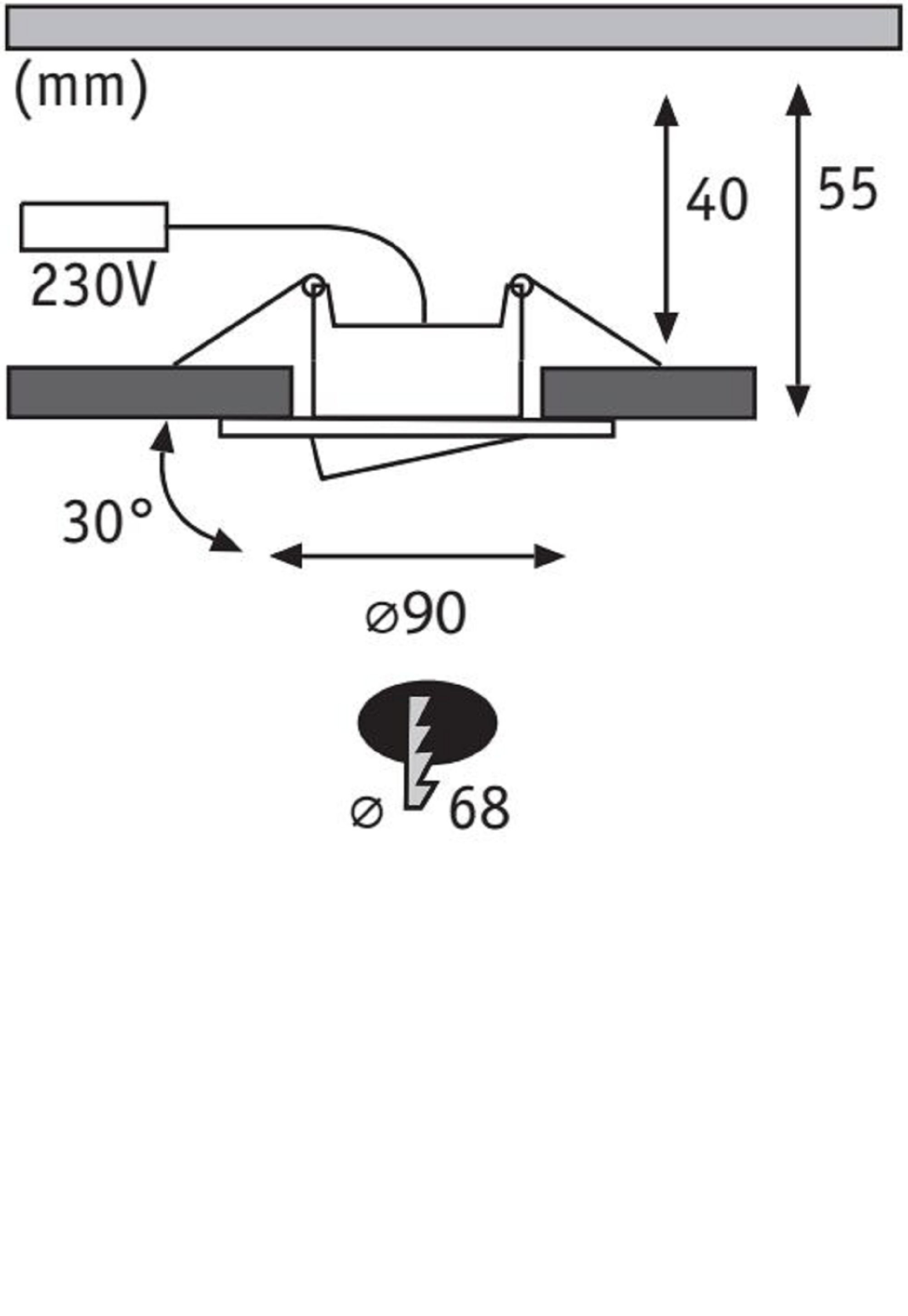 Diagramm einer Einbauleuchte mit Abmessungen und elektrischen Informationen.