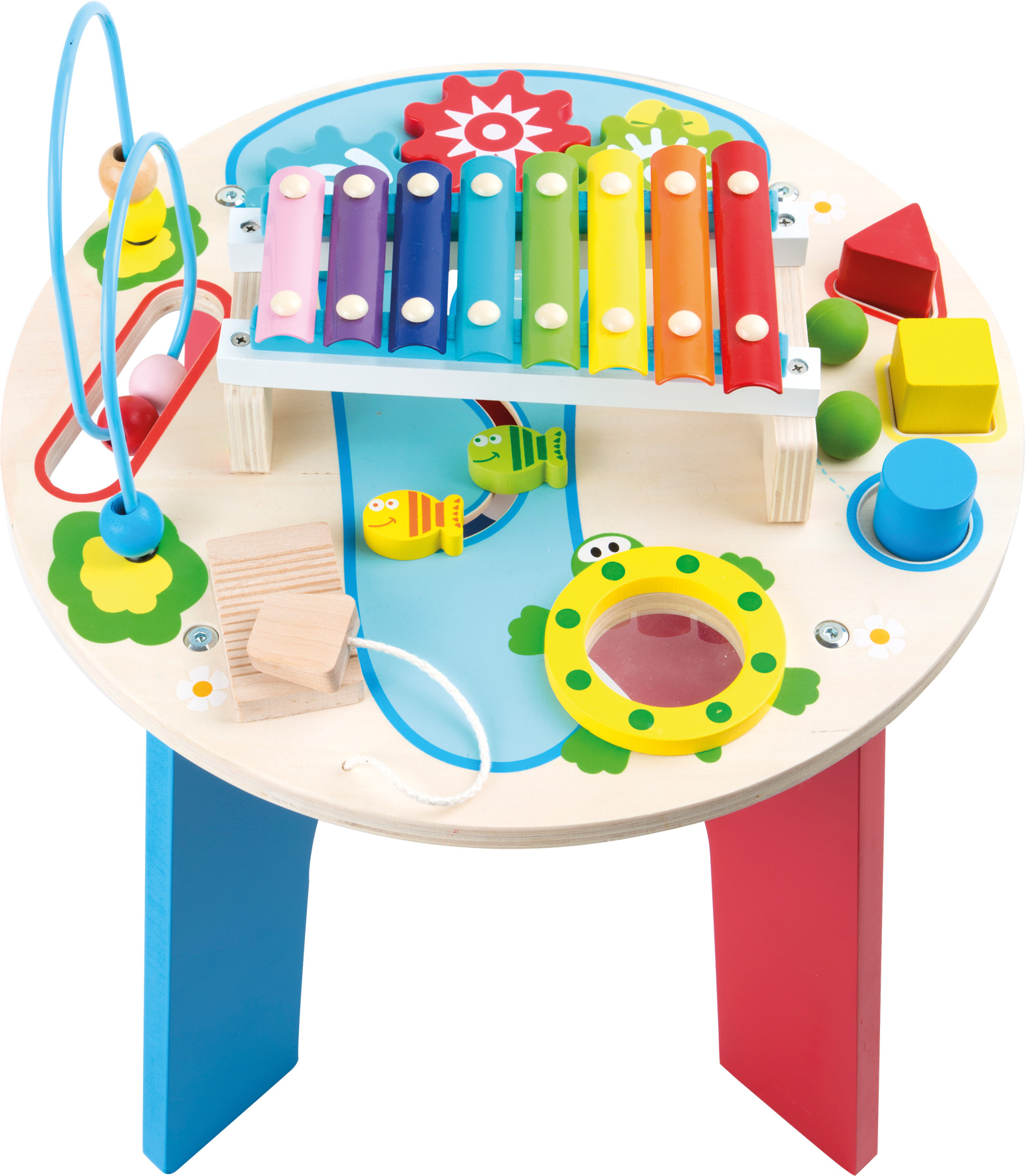 Runder Holzspieltisch mit verschiedenen bunten Spielelementen.