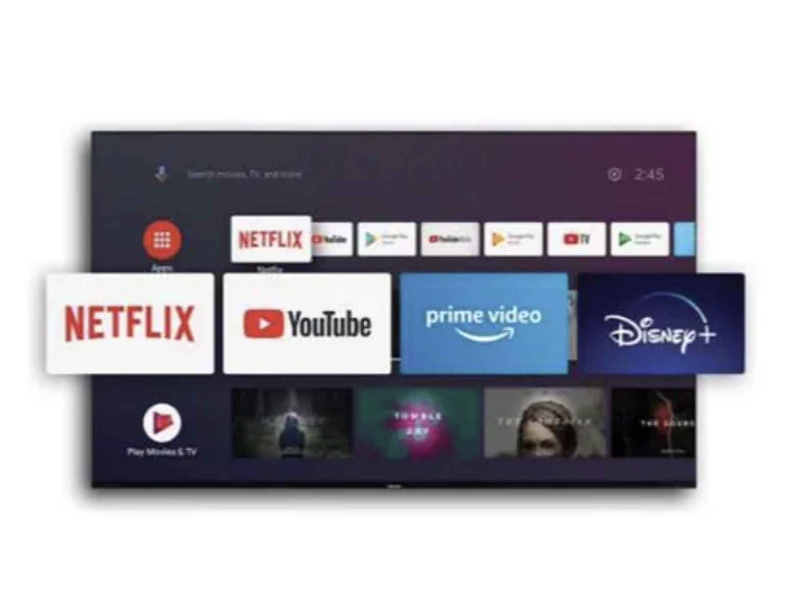 Smart TV che mostra una schermata iniziale con app come Netflix e YouTube.