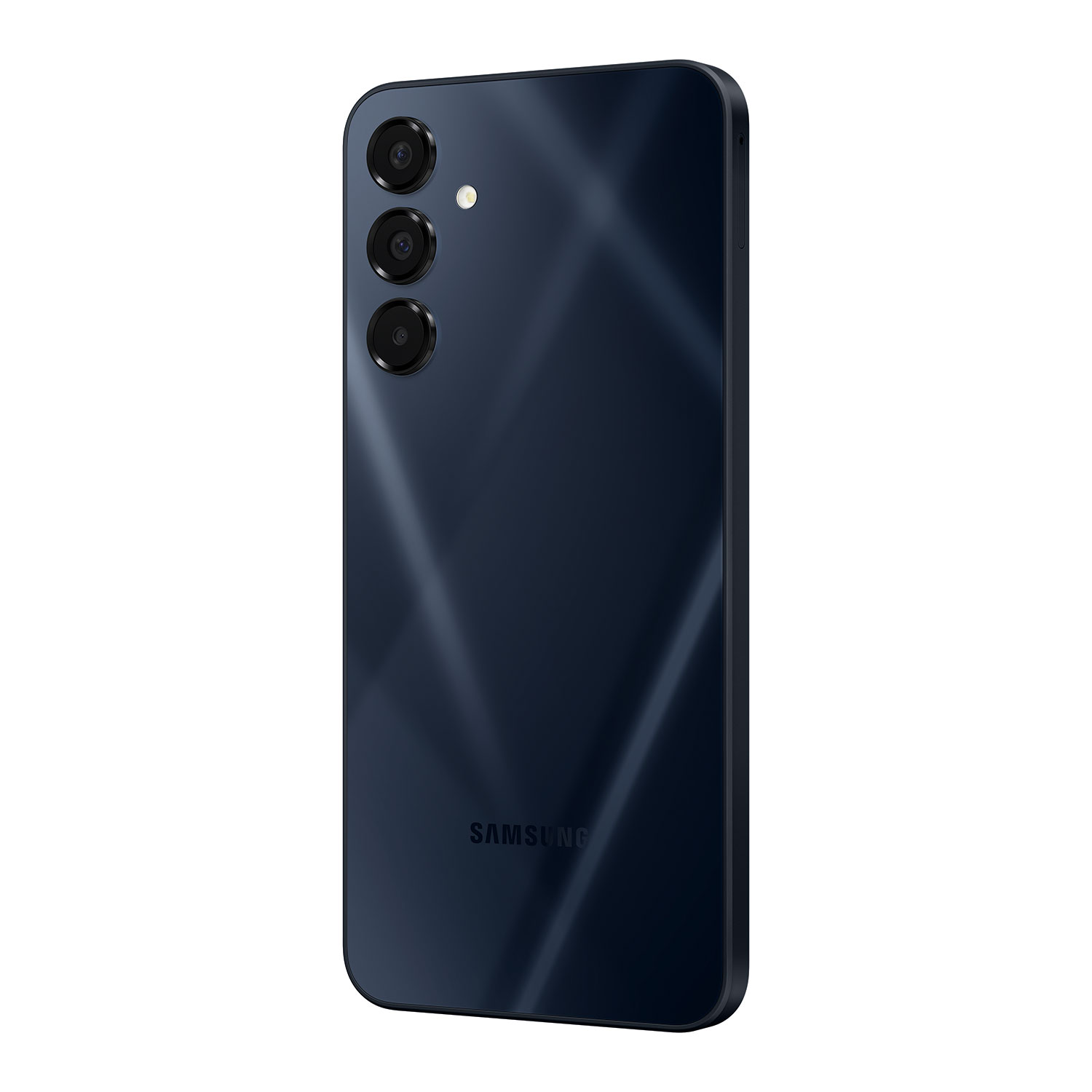 Rückansicht eines dunkelblauen Samsung-Telefons mit drei Kameras und Samsung-Logo.