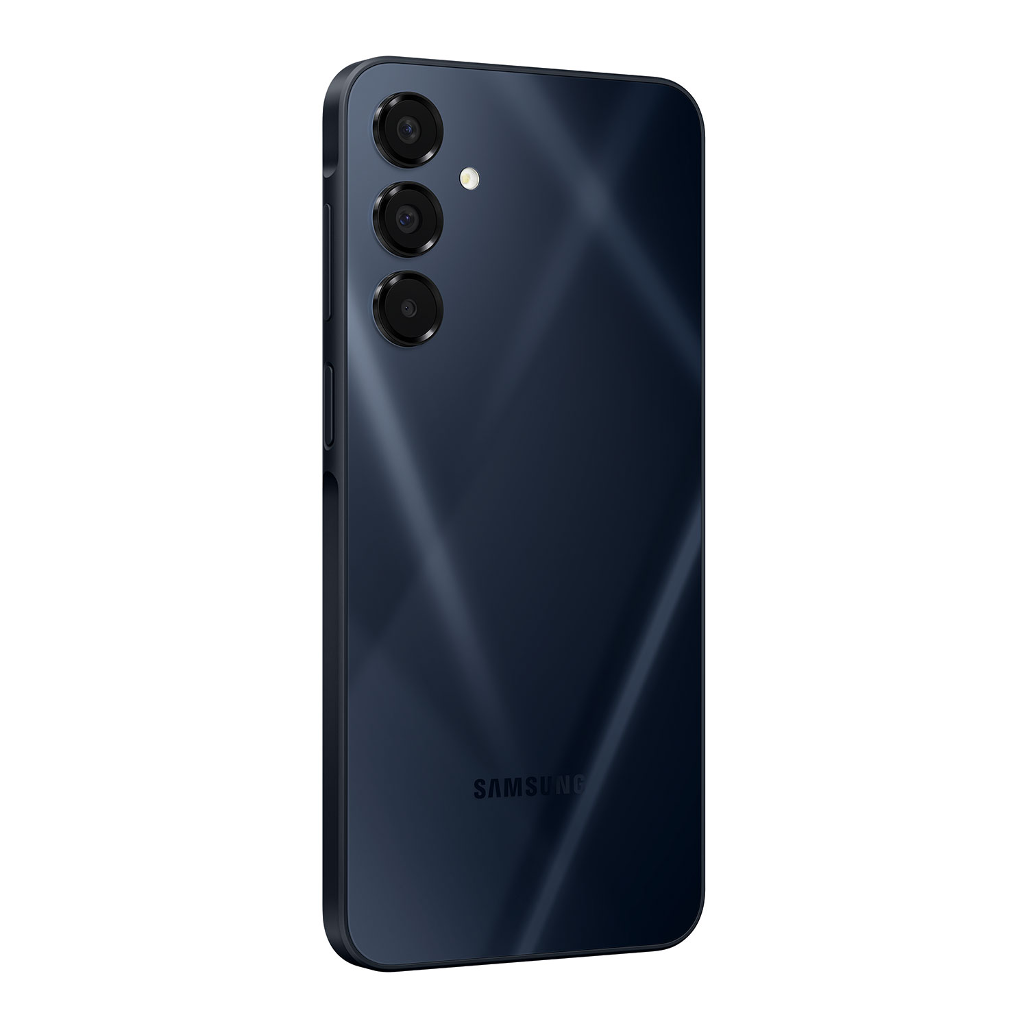 Dunkelblaues Smartphone mit drei Rückkameras. Samsung-Logo sichtbar.