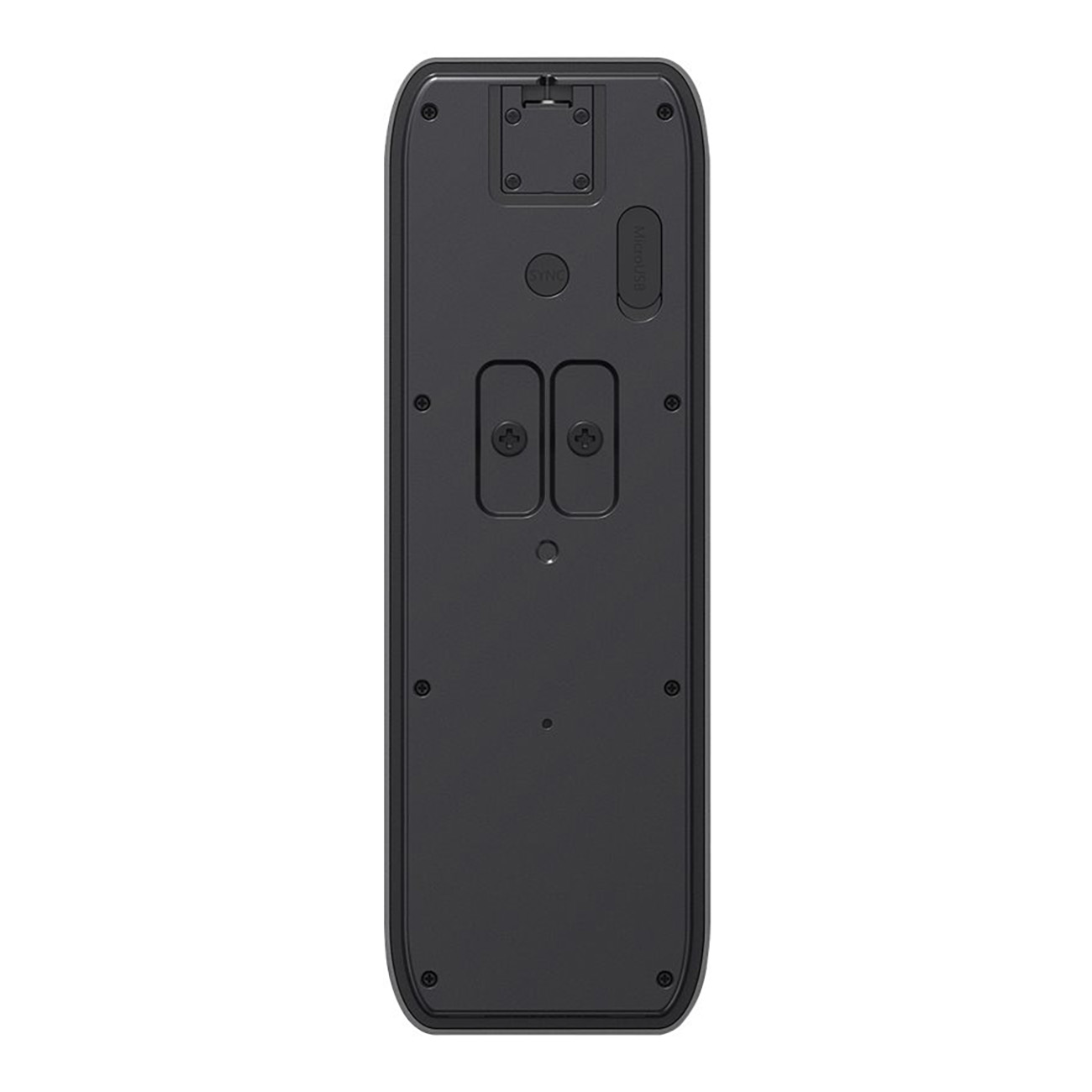 Tył czarnego pilota. Widoczne dwa otwory na śruby i przyciski.