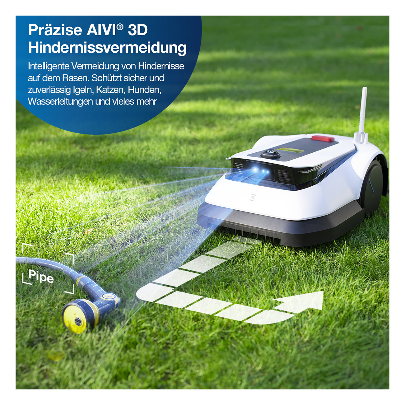 Robot-Rasenmäher auf Gras, Wasserschlauch in der Nähe. Text über Hindernisvermeidung.