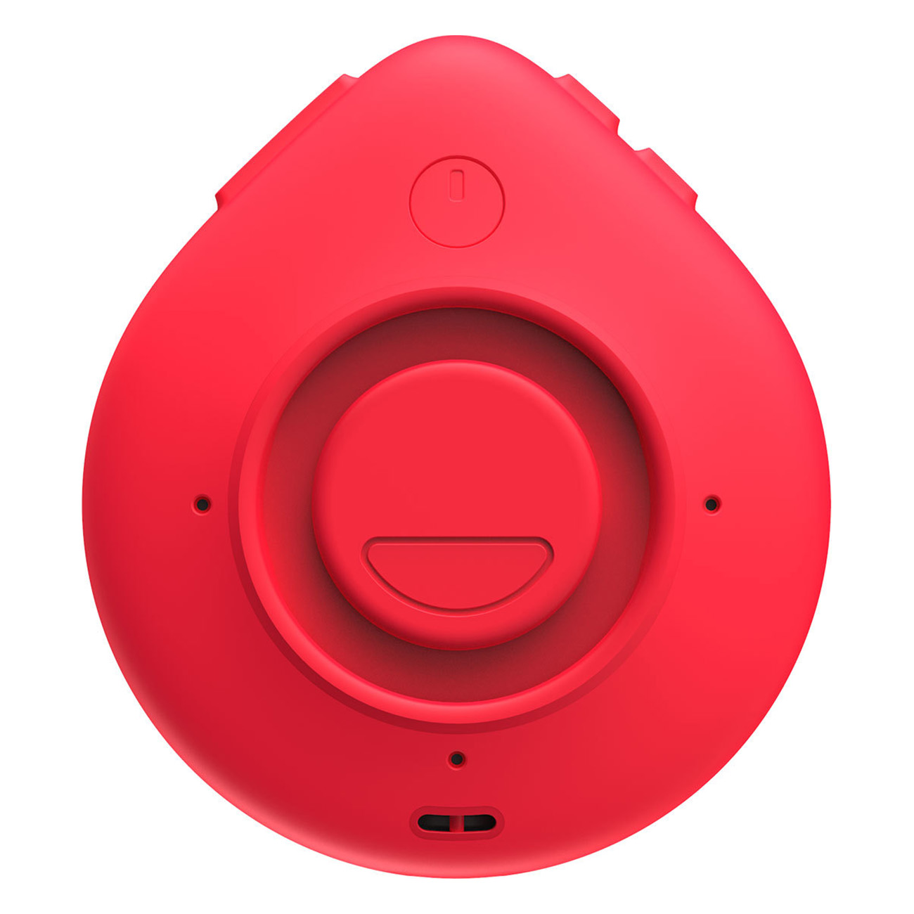 Altavoz portátil rojo, en forma de lágrima, con botones y una pequeña abertura.