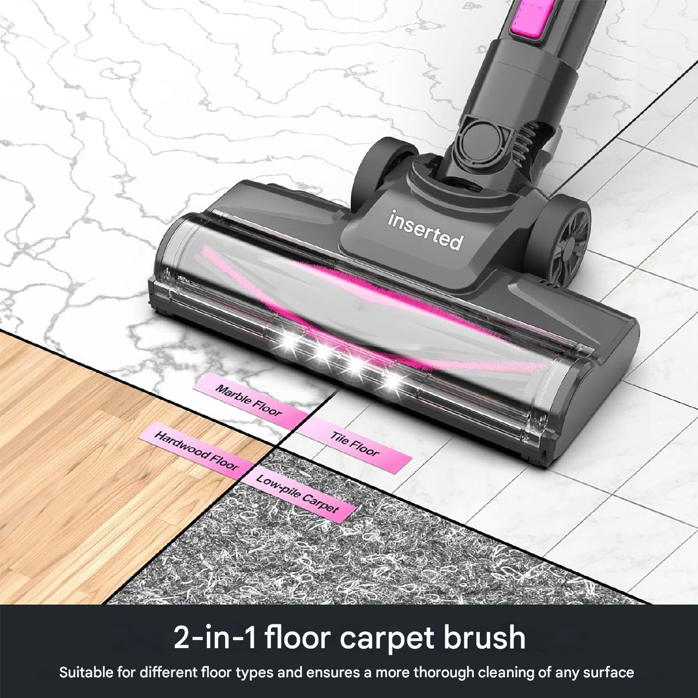 Aspirateur avec des étiquettes, nettoyant différents types de sols.