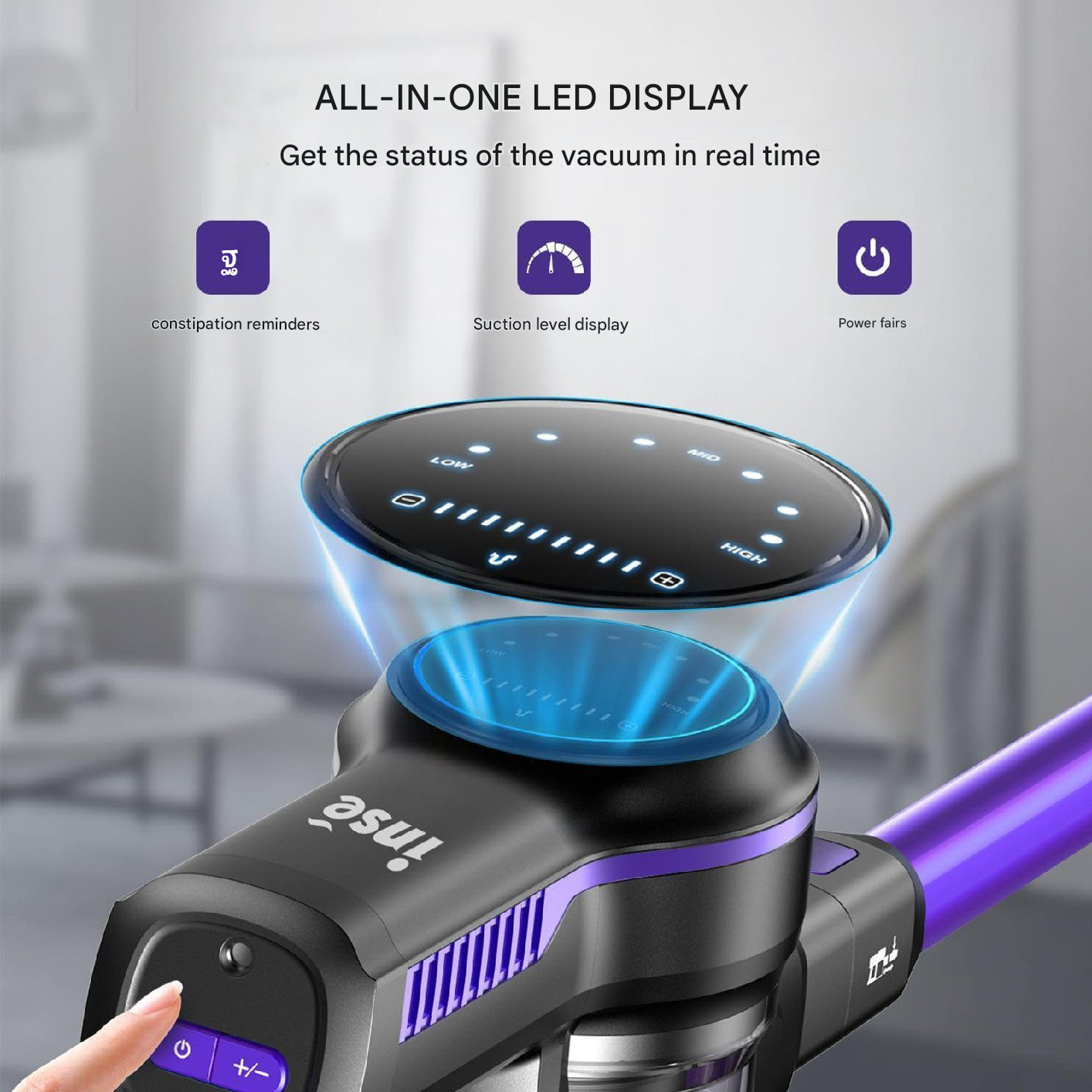 Aspiradora con pantalla LED. Muestra nivel de succión, potencia y recordatorios.