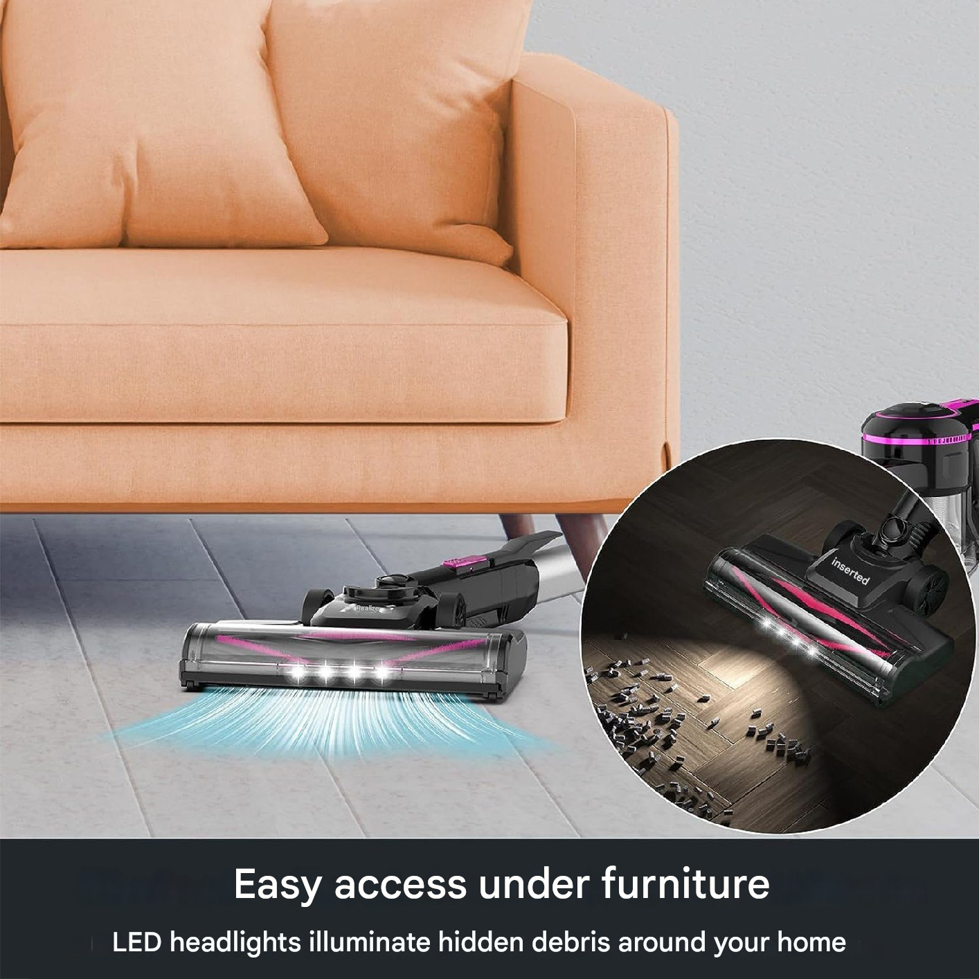 Aspirateur nettoyant un sol. Canapé en arrière-plan. Tête d'aspirateur avec lumières LED.