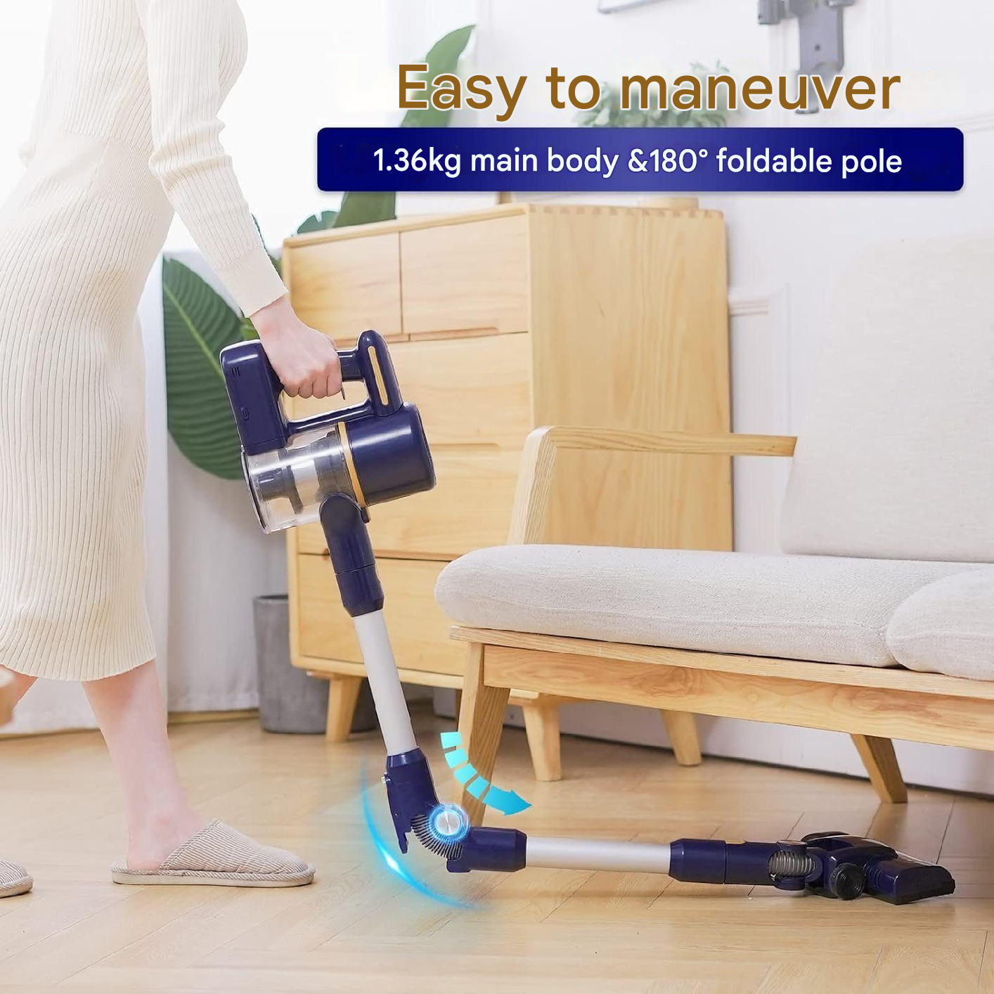 Kobieta używająca niebiesko-białego odkurzacza bezprzewodowego na drewnianej podłodze.