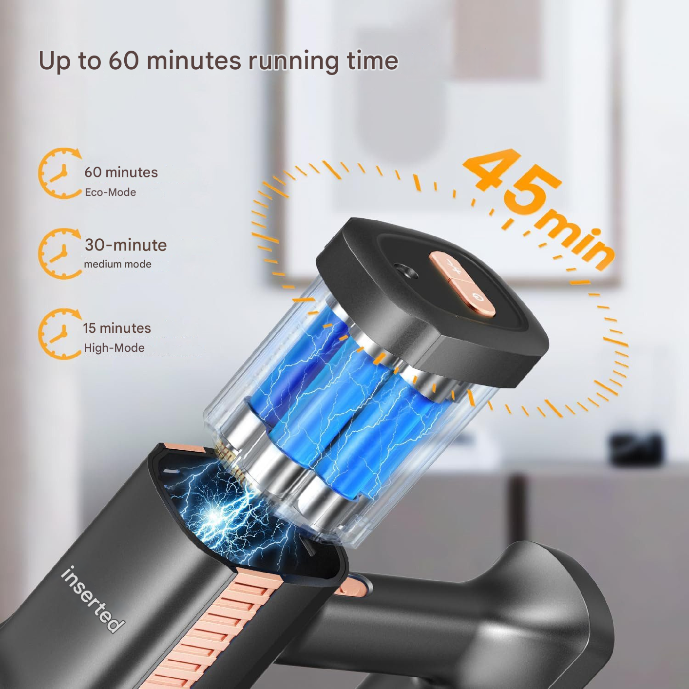 A black and orange cordless vacuum cleaner with a clear compartment. Blue batteries are visible.