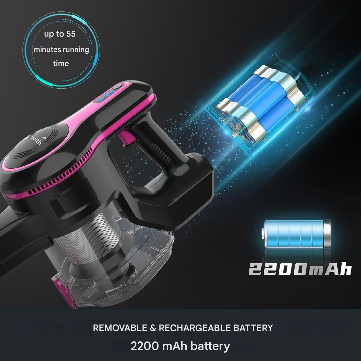 Aspirateur sans fil noir et rose avec batterie amovible. Affiche une icône de batterie et du texte.