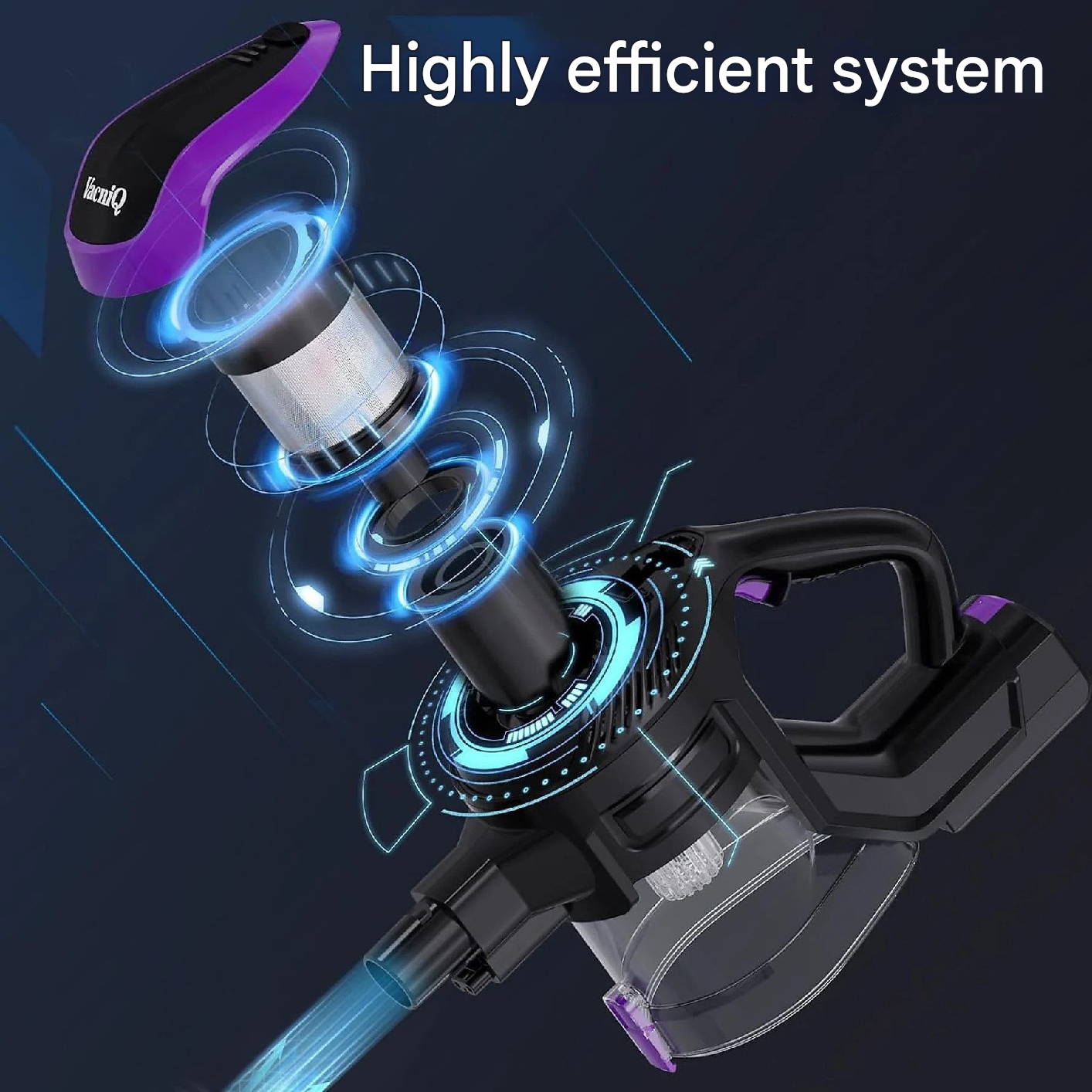 Odkurzacz w częściach, z niebieskimi liniami energii, fioletowymi i czarnymi detalami.