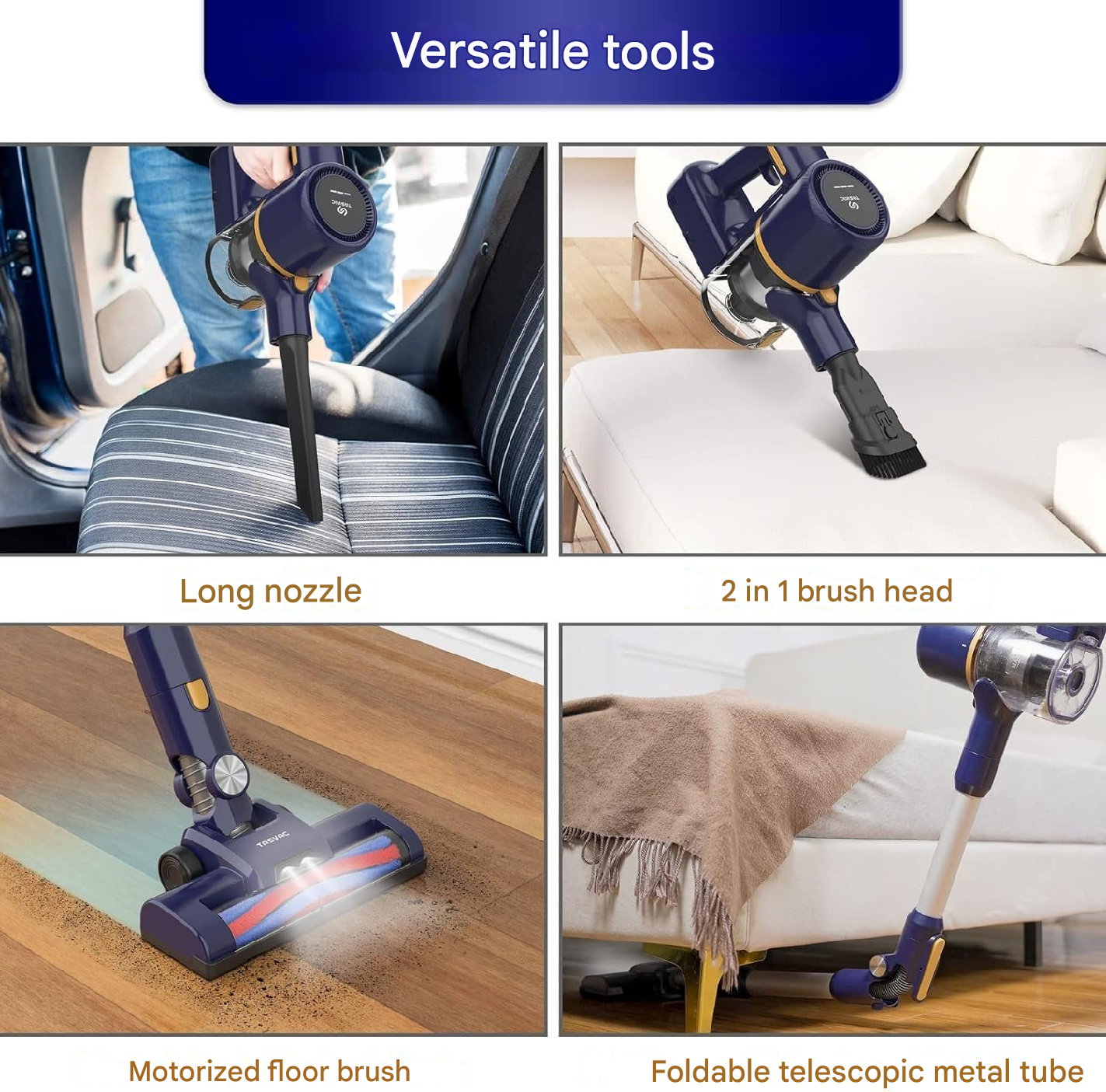 Odkurzacz do wszechstronnych narzędzi. Pokazuje długą dyszę, szczotkę 2 w 1, zmotoryzowaną szczotkę podłogową i rurę.