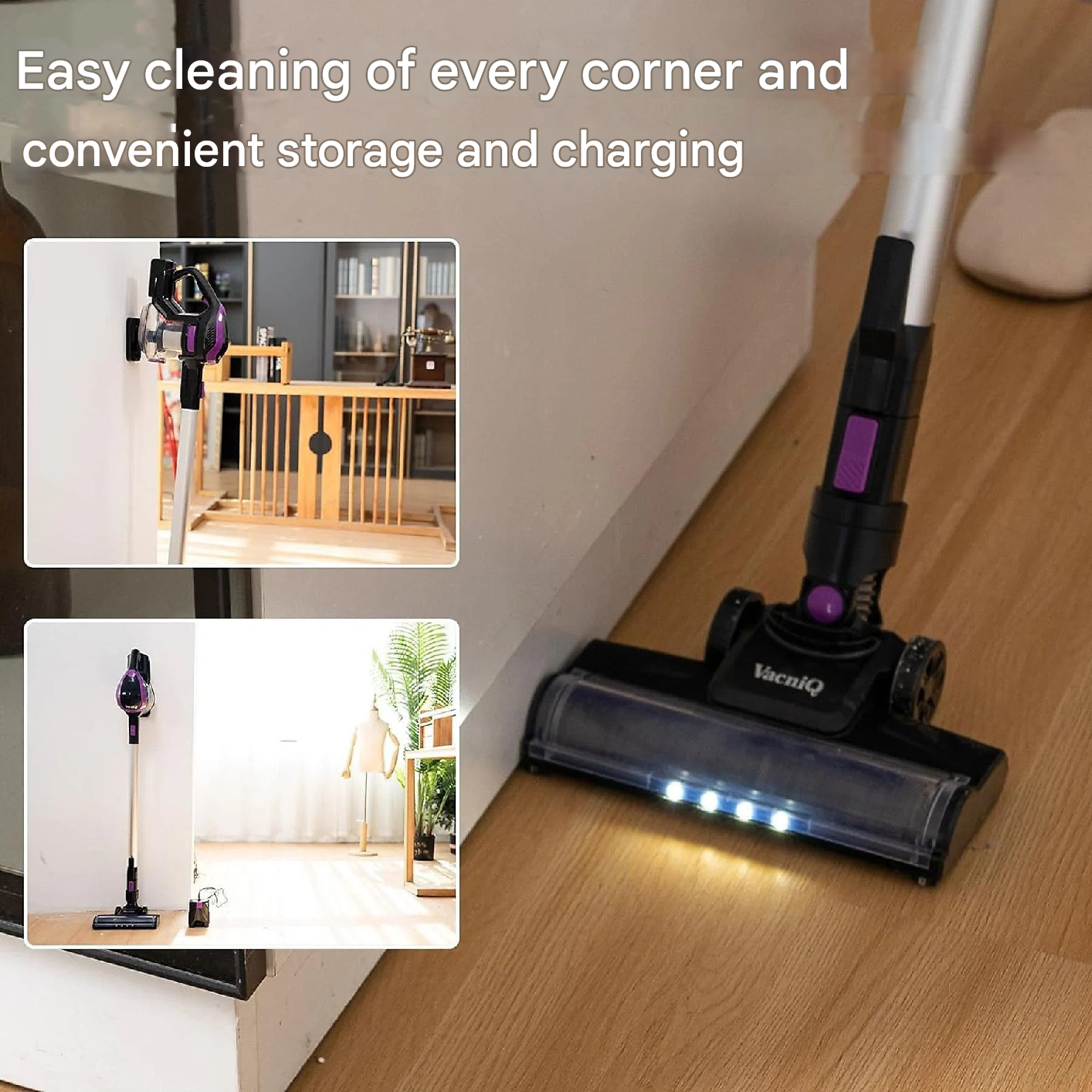 Odkurzacz w użyciu. Pokazuje odkurzacz, uchwyt ścienny i stację ładującą.