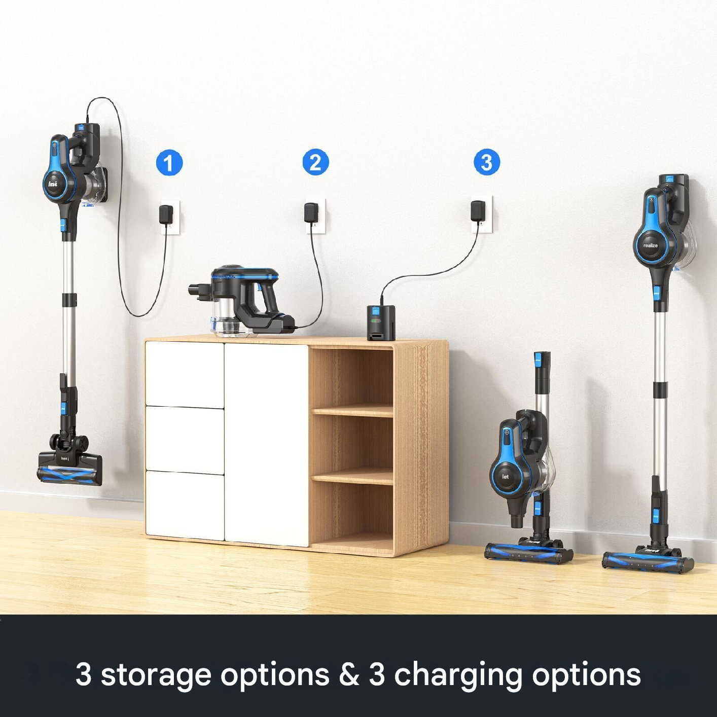 Trzy odkurzacze i stacje ładowania, oznaczone 1, 2 i 3, na ścianie.