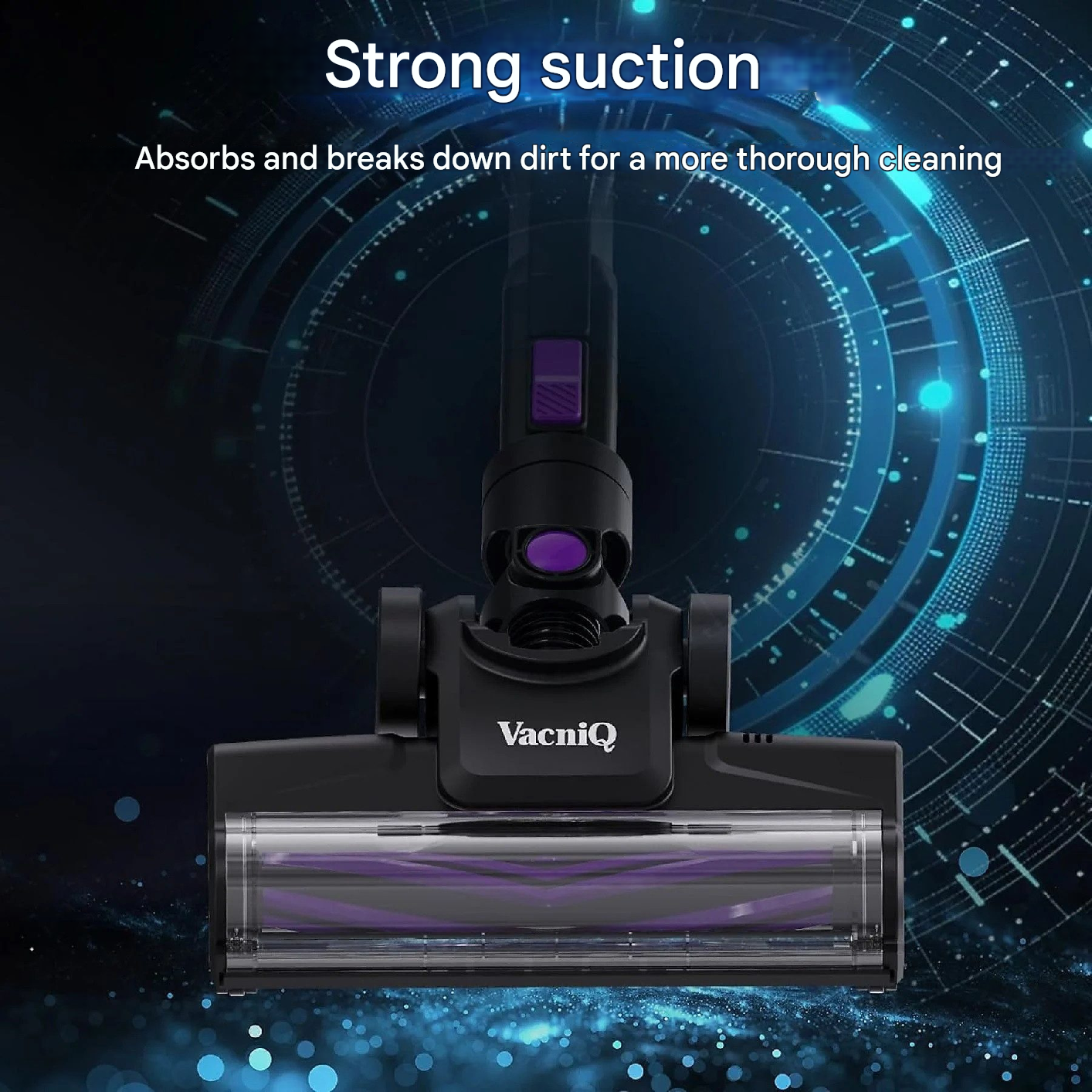 Czarna głowica odkurzacza z napisem 'Silne ssanie'. Fioletowe elementy. Niebieskie tło.