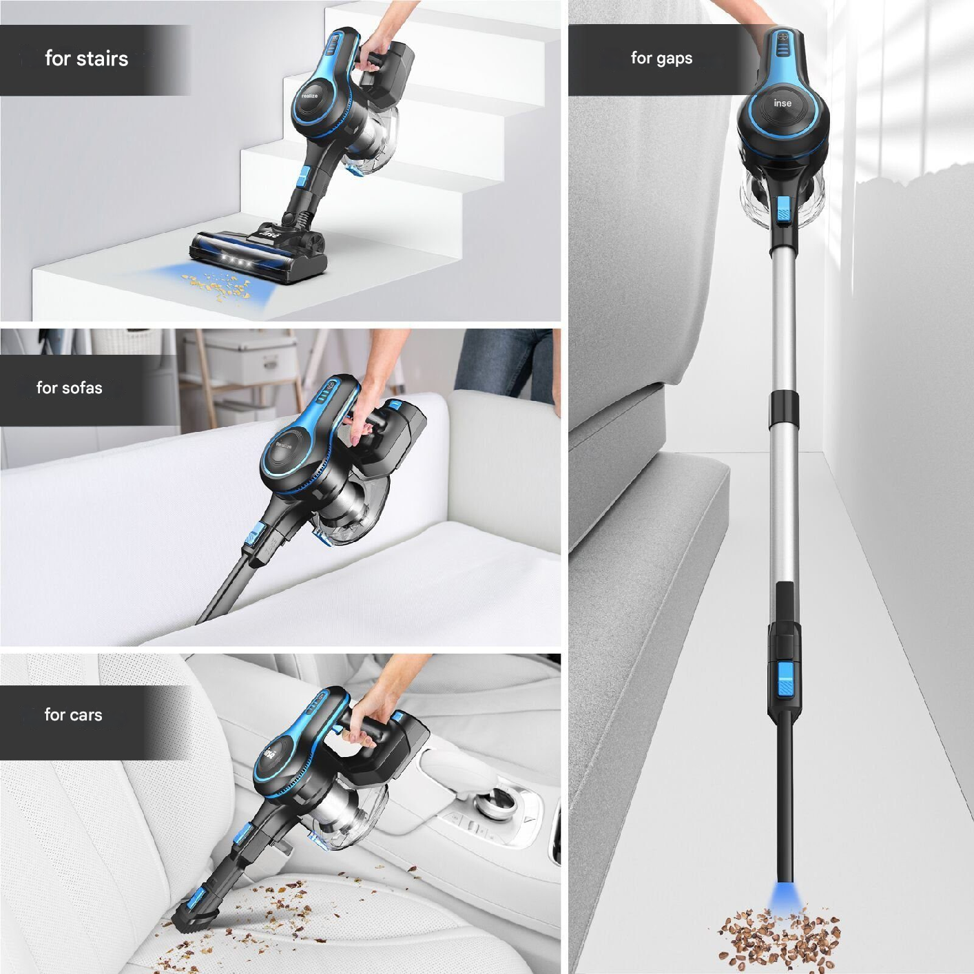 Odkurzacz w użyciu na schodach, szczelinach, sofach i samochodach. Białe tło.