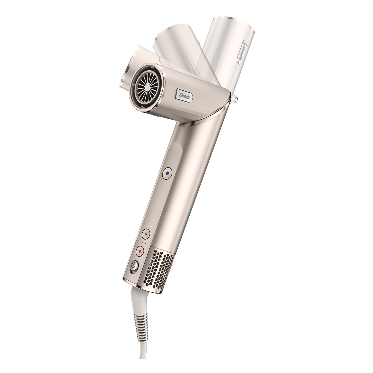Srebrna suszarka do włosów z wieloma kątowymi pozycjami. Ma przyciski i otwór wentylacyjny na dole.