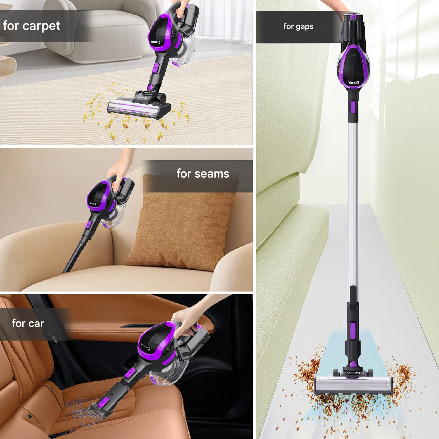 Odkurzacz w użyciu; do dywanów, szwów, szczelin i wnętrz samochodów.