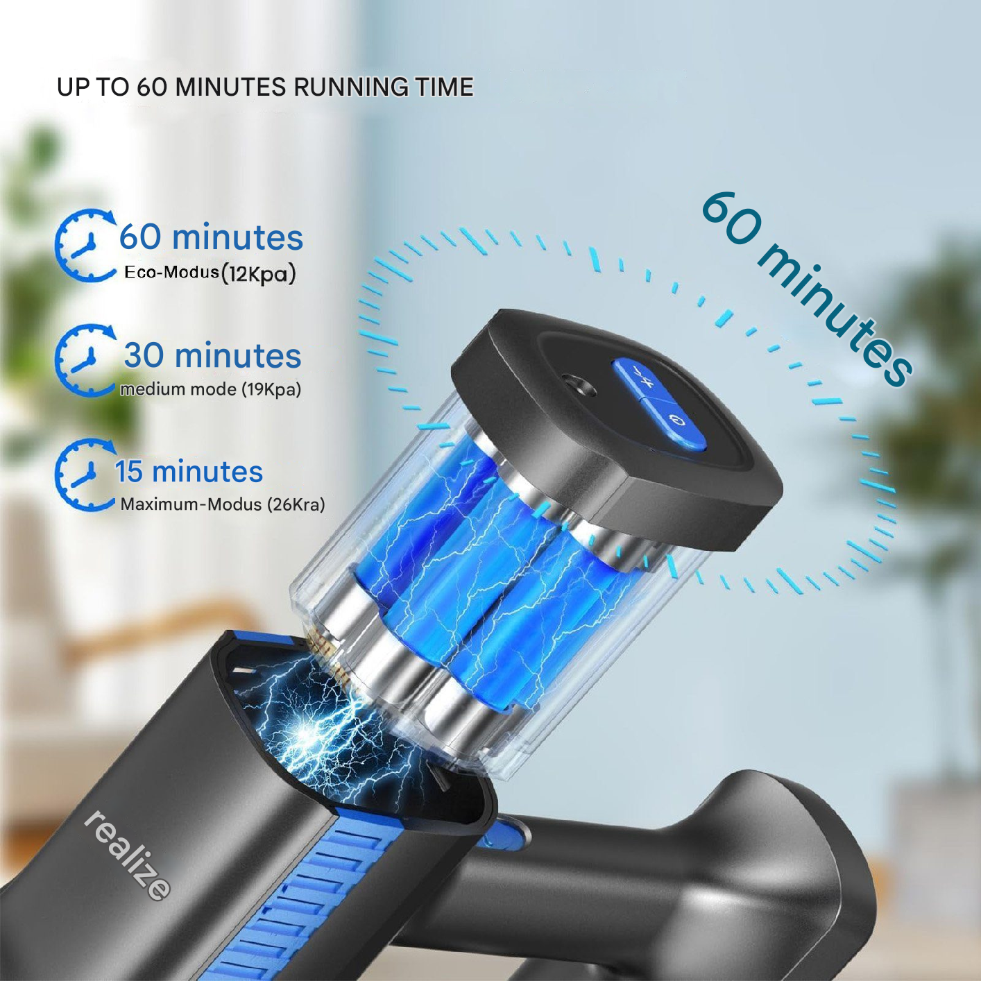 Un dispositivo abierto que muestra la batería. Muestra el tiempo de funcionamiento hasta 60 minutos y detalles.