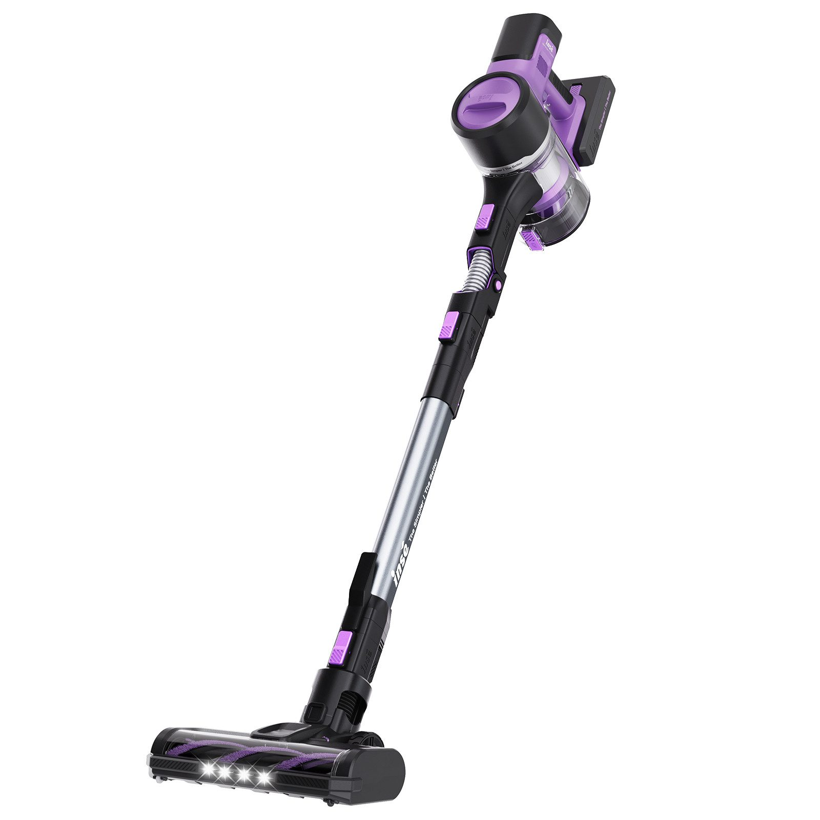 Fioletowy i czarny odkurzacz bezprzewodowy. Ma długą rączkę i głowicę szczotkową.