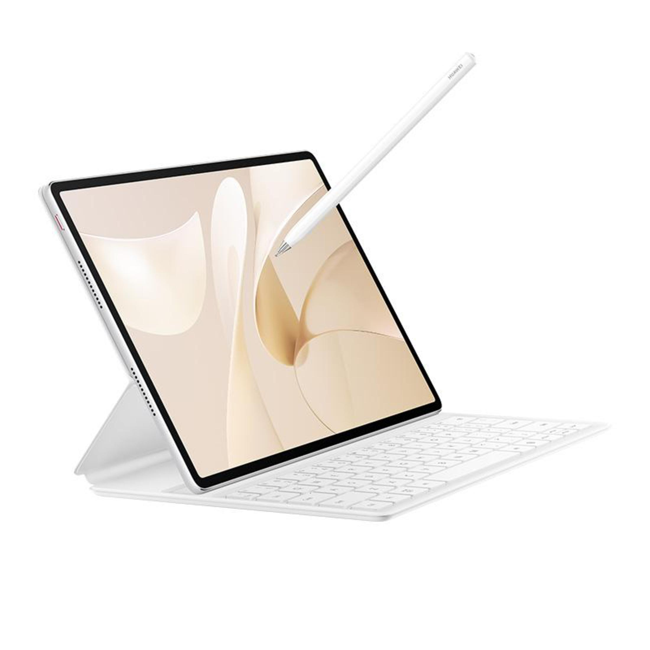 Ein weißes Tablet mit einer weißen Tastatur und einem weißen Stift, auf weißem Hintergrund.