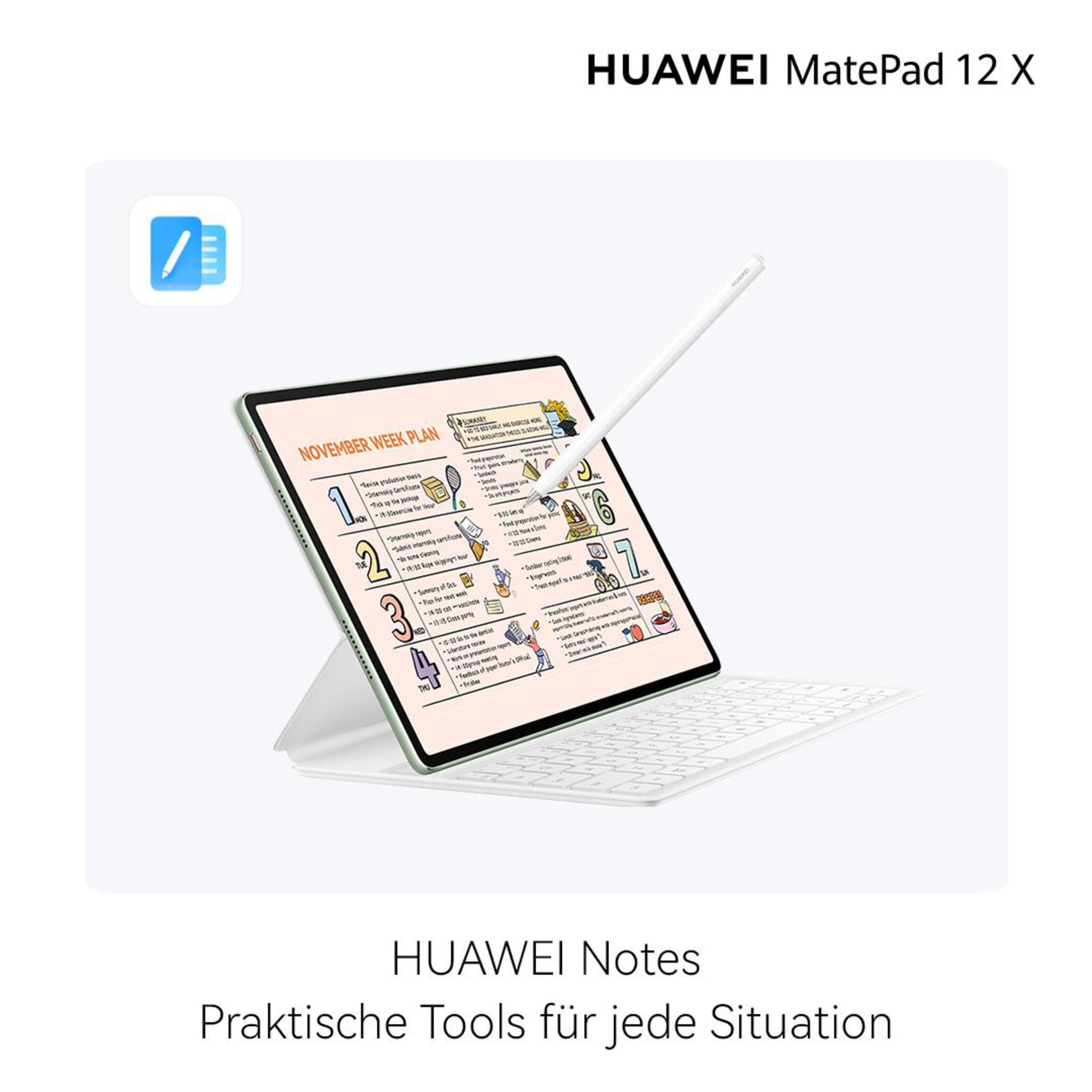 HUAWEI MatePad 12 X Tablet mit Stift, auf weißer Tastatur, mit Text und Grafiken.