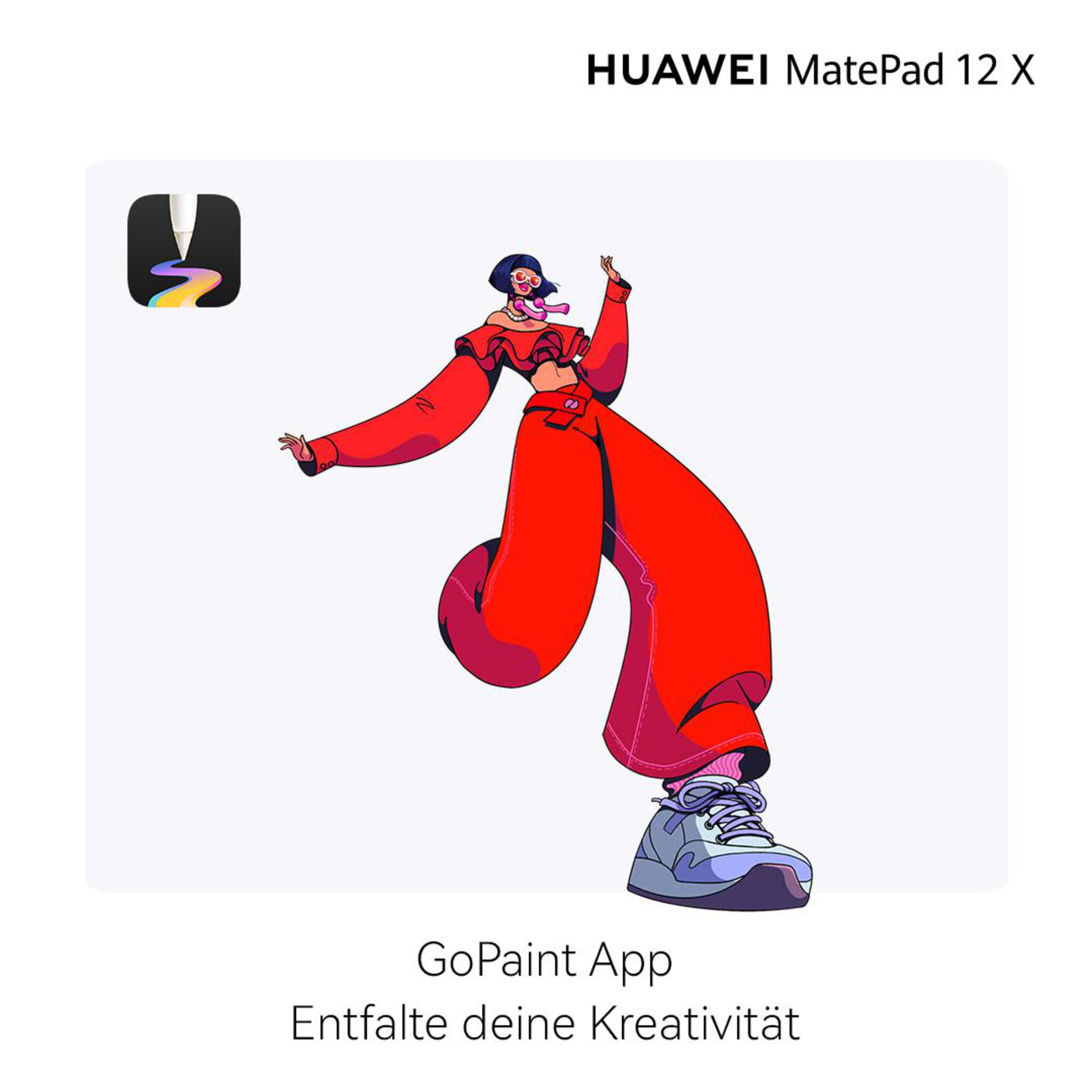 Eine Frau in roter Hose und Top auf einem Tablet-Bildschirm. GoPaint App und Huawei MatePad 12 X Text.