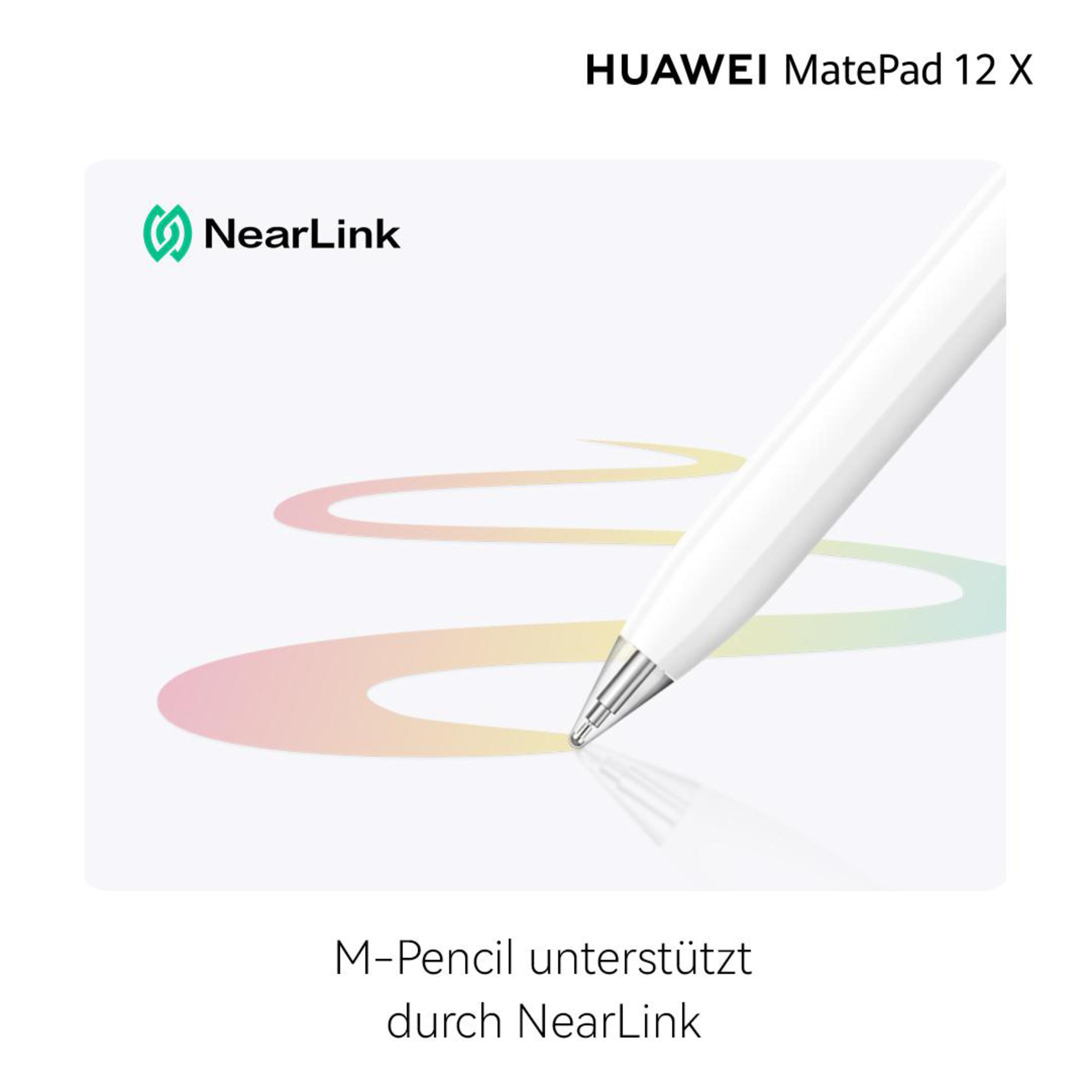 Ein weißer Stylus-Stift zeichnet. Nearlink-Logo. Der Text lautet: M-Stift unterstützt von NearLink.