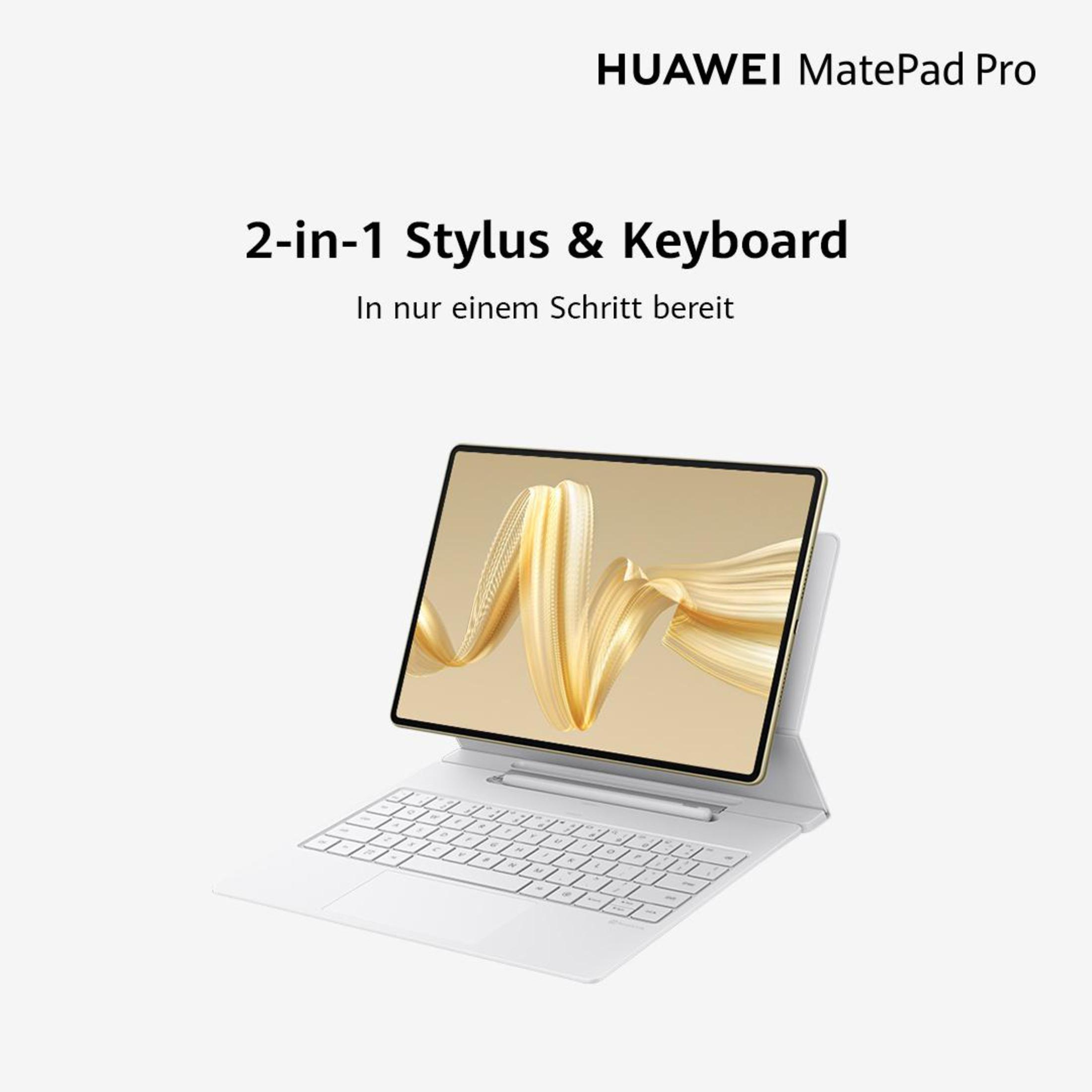 Ein weißes Tablet mit Tastatur, das für das Huawei MatePad Pro wirbt.